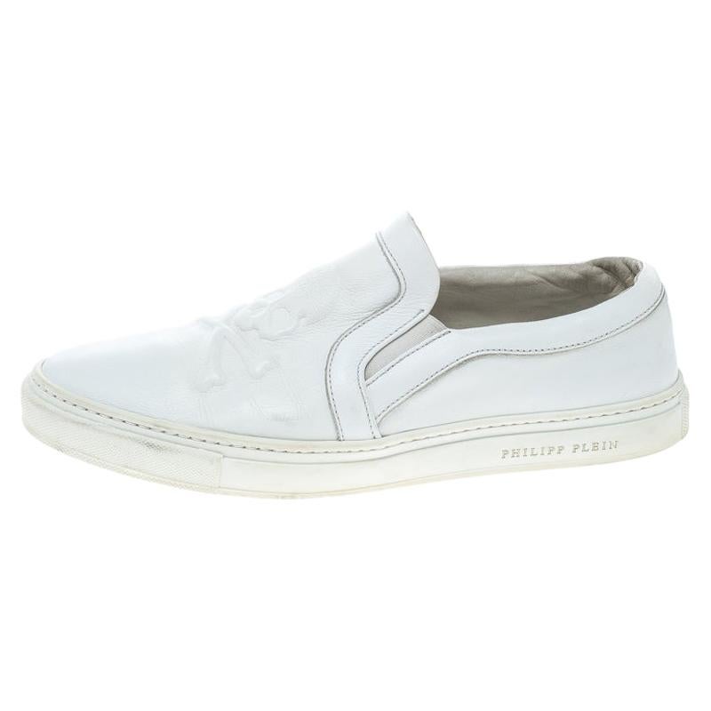 Philipp Plein White Leather Slip On Sneakers Size 44 For Sale