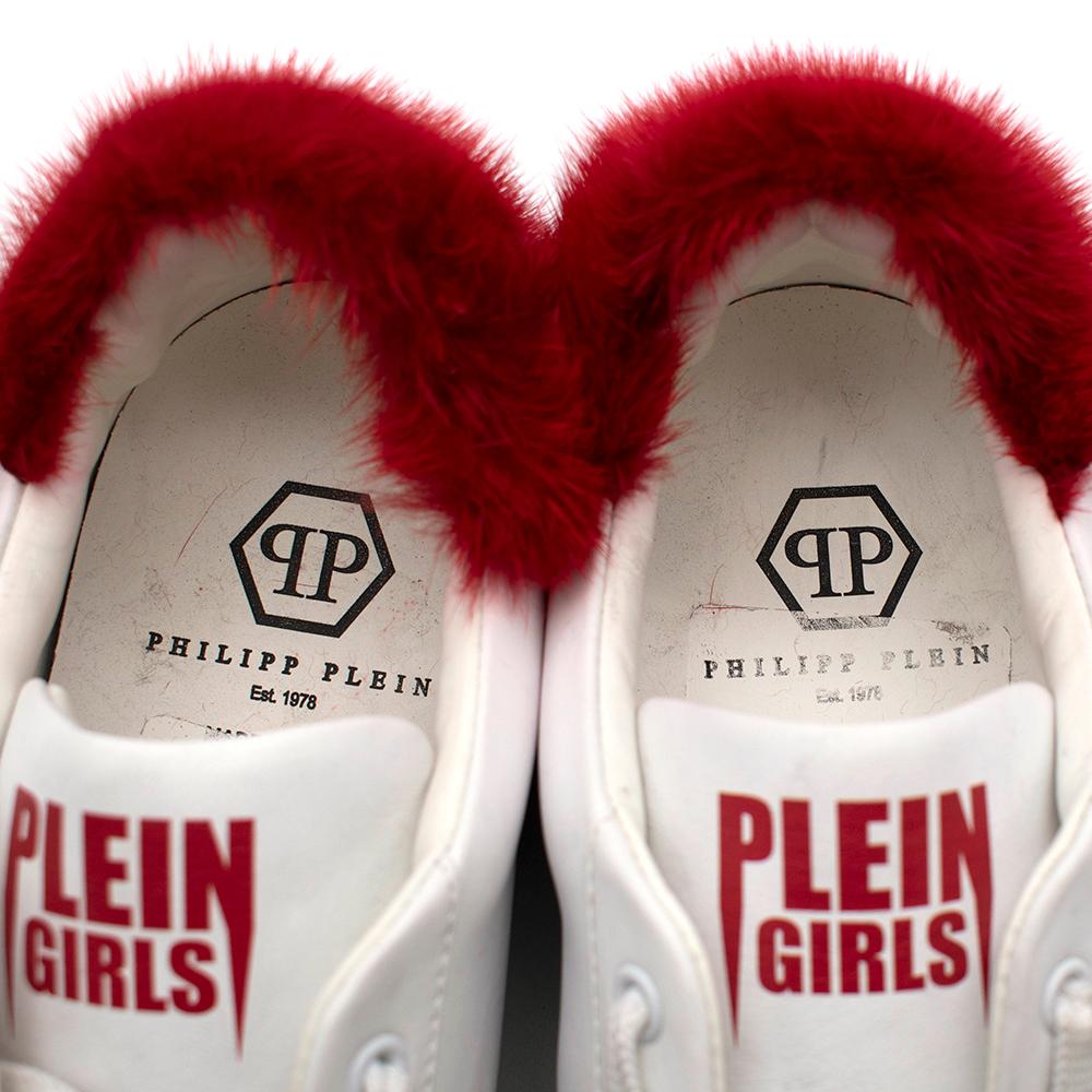 Philipp Plein White Leather Sneakers with Red Fur Detail US 8 For Sale 1