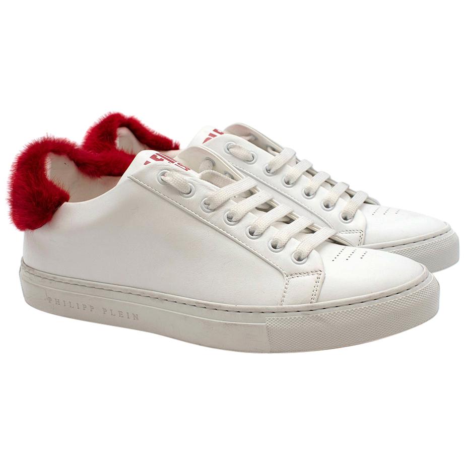 Philipp Plein White Leather Sneakers with Red Fur Detail US 8 For Sale