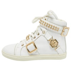 Used Philipp Plein White Leather Spike High Top Sneakers Size 36