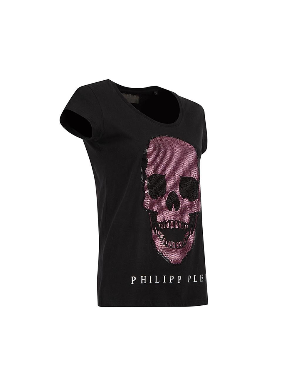 CONDITION is Very good. Hardly any visible wear to t-shirt is evident on this used Philipp Plein Couture designer resale item.   Details  Black Cotton T shirt Round neckline Pink skull gemstone embellishment Branded logo plate on back    Composition