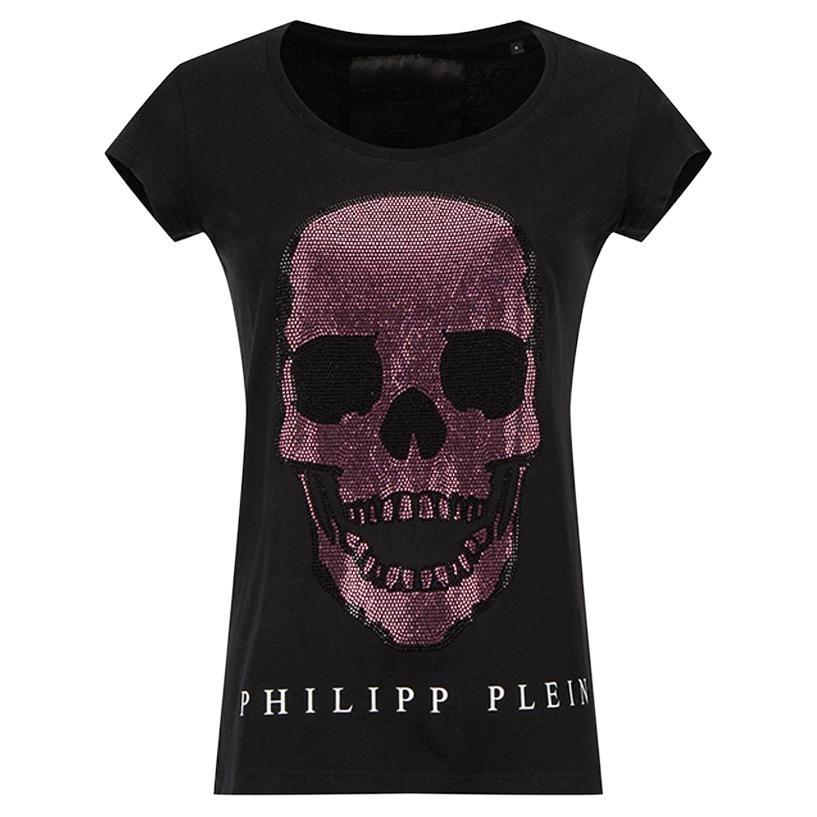 Philipp Plein Women's Philipp Plein Couture Black Skull Embellished T-Shirt For Sale