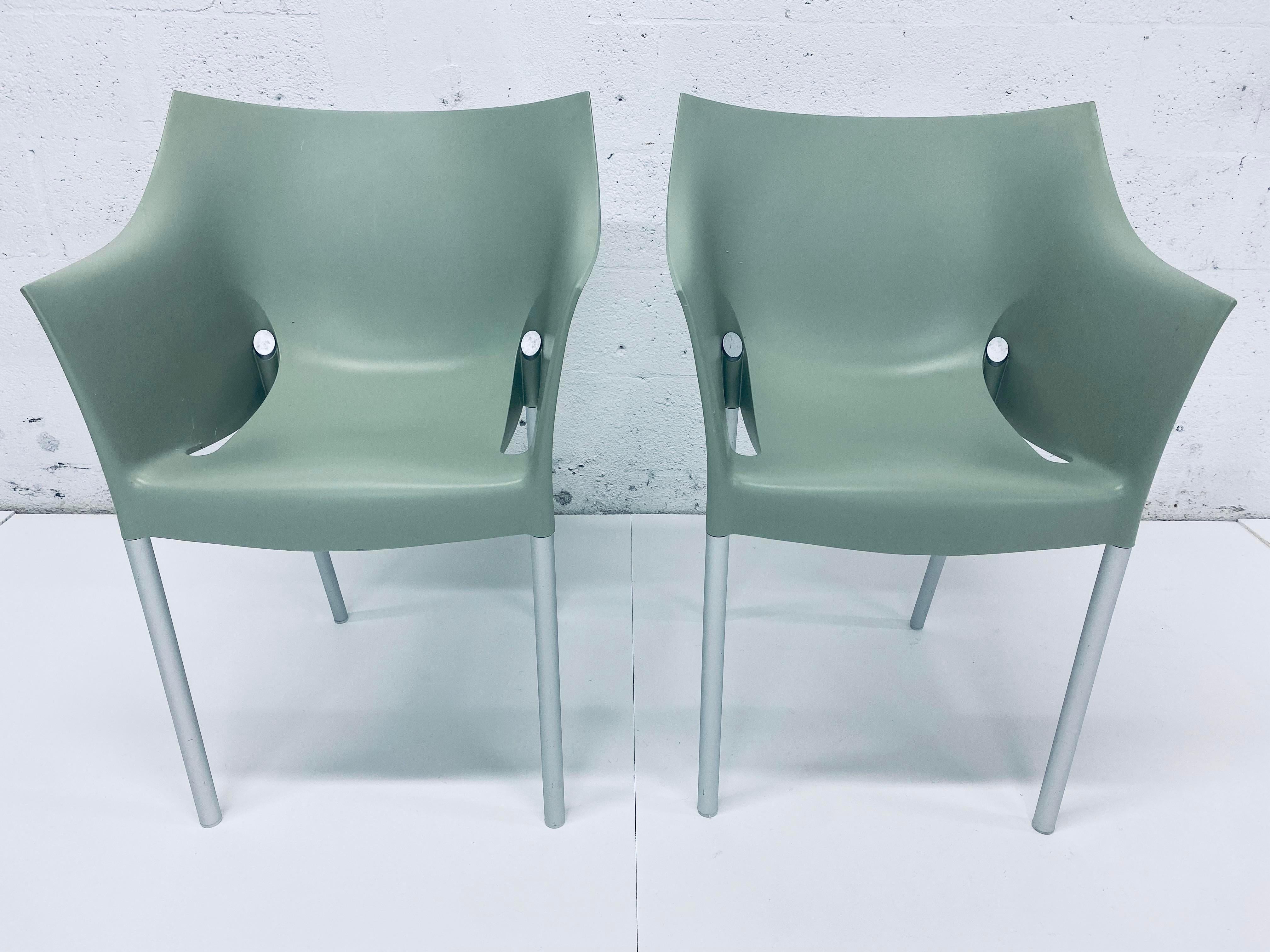 Set of fennel green Dr. No chairs with aluminum legs by Philippe Starck and produced by Kartell, Italy.