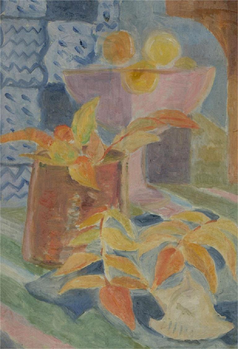 A vibrant oil painting by the artist Philippa Hill, depicting an Autumnal still life. Unsigned. There is a label on the reverse inscribed with the artist's name and title. Well-presented in a distressed gilt effect frame. On canvas on stretchers.
