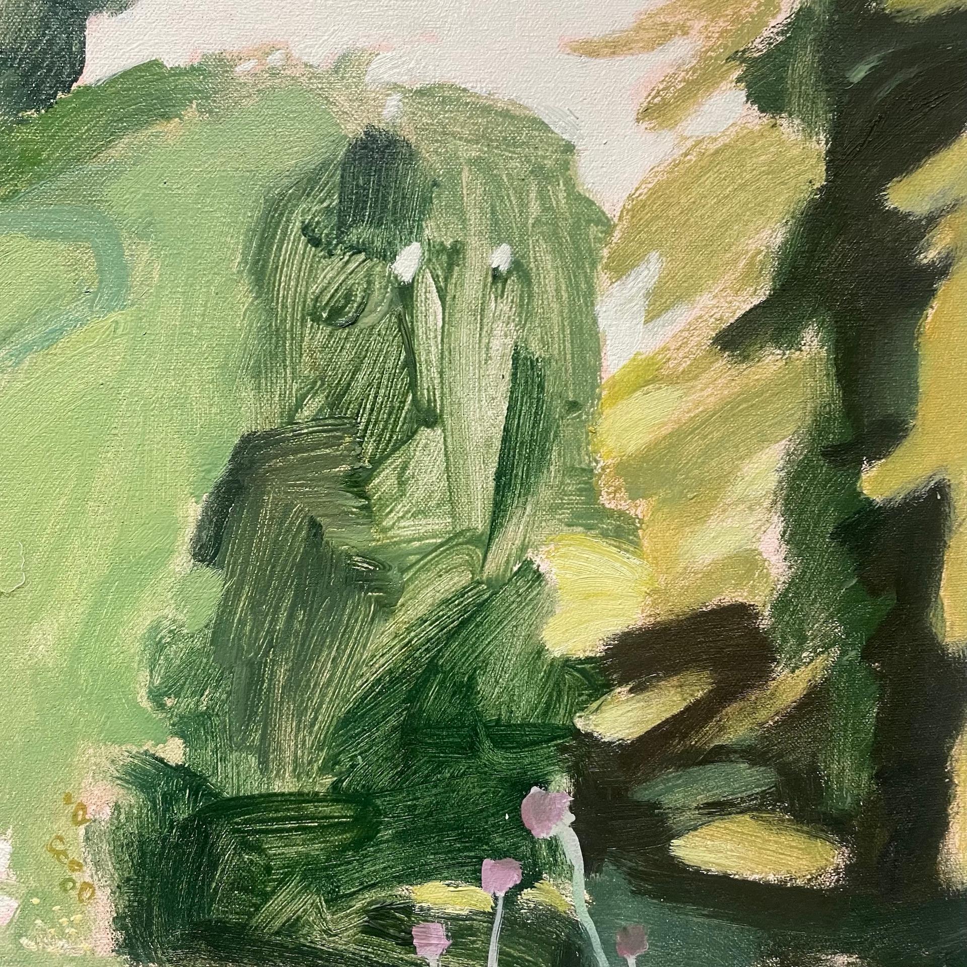Imagined Places 3 is an original acrylic contemporary landscape painting. 95 x 125 cm. Bespoke framed in Romo fabric. A soothing palette of pinks and greens - a nod to the Oxfordshire/ Cotswold landscape - pops of colour and pattern. A loose