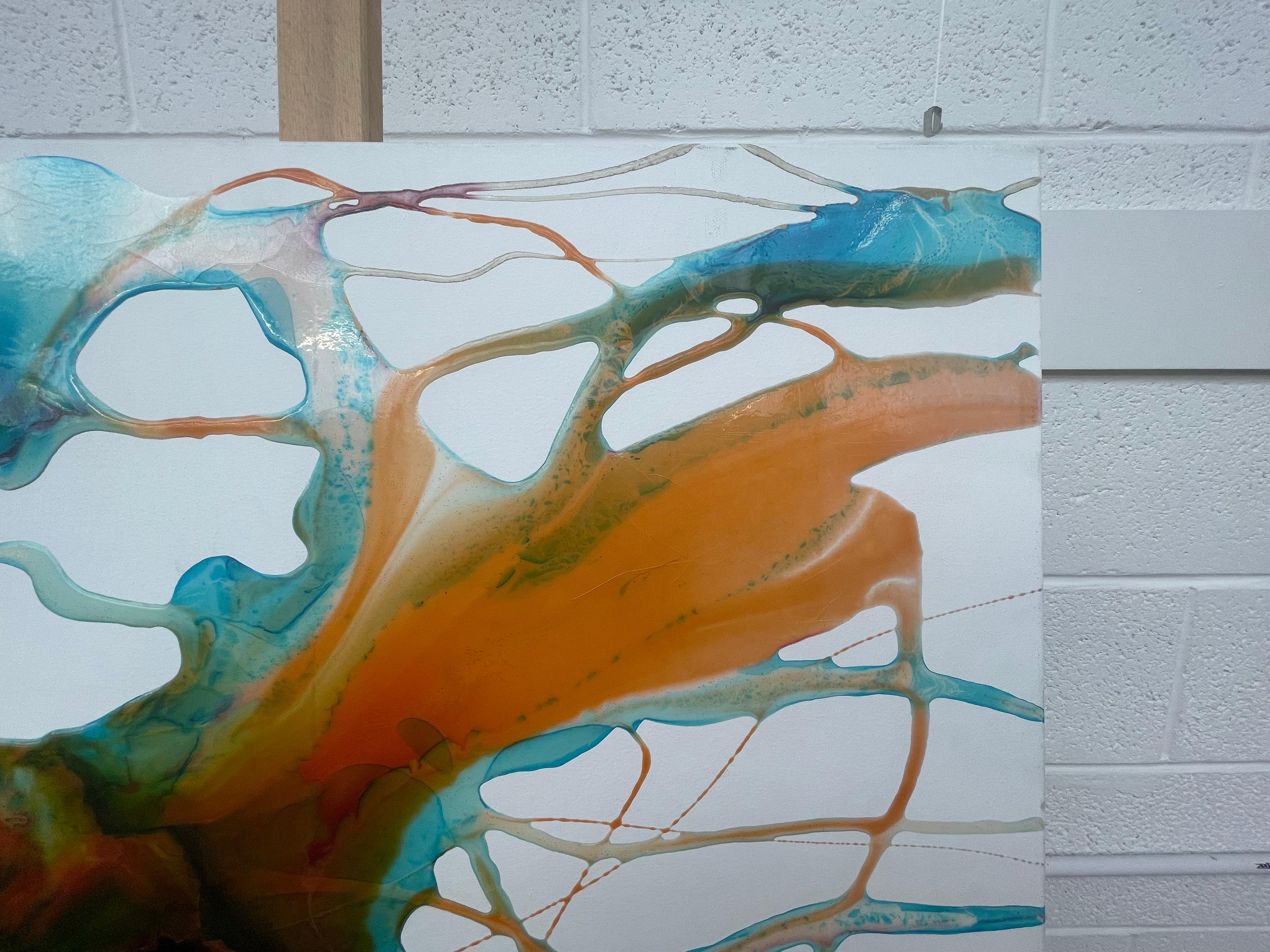 Colourful Abstract Painting using Orange & Turquoise Resin on a White Canvas  For Sale 6