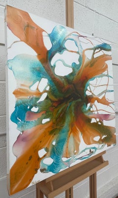 Colourful Abstract Painting using Orange & Turquoise Resin on a White Canvas