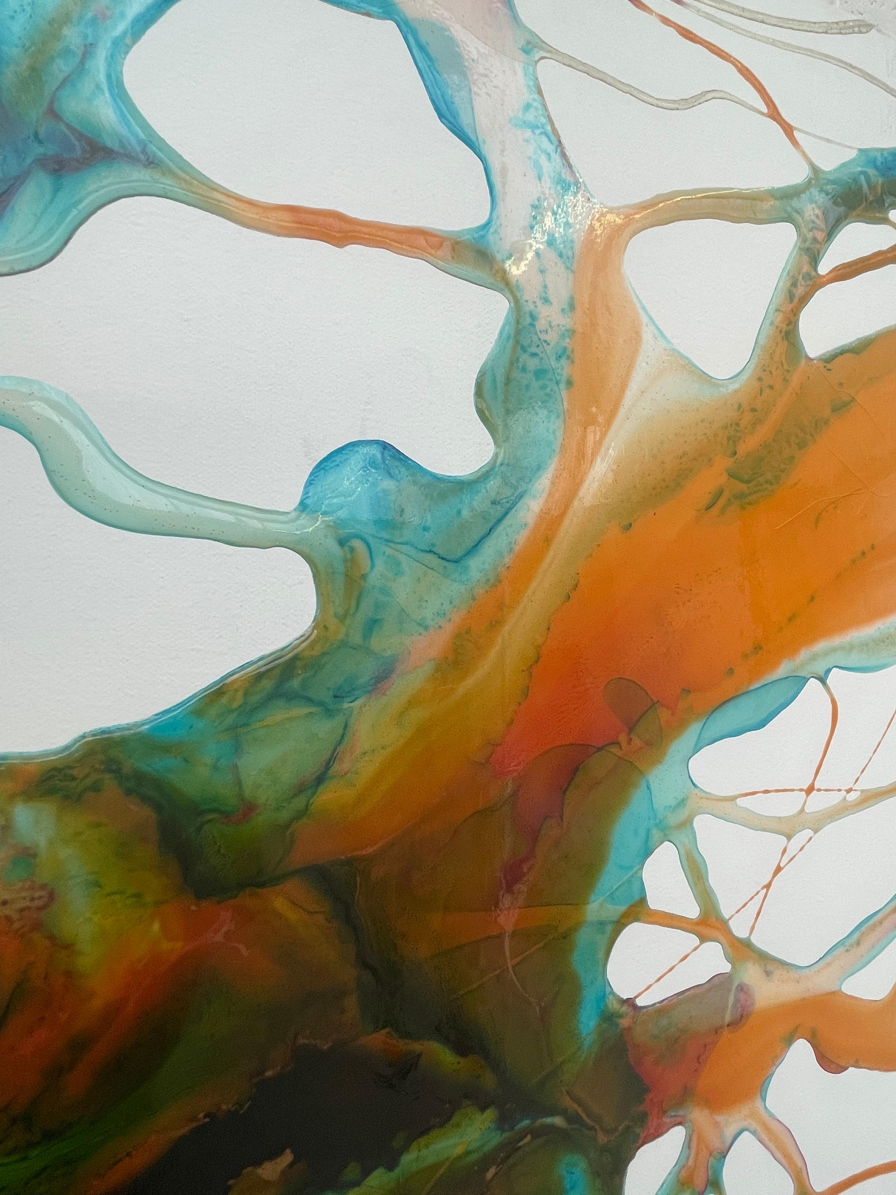 Colourful Abstract Painting using Orange & Turquoise Resin on a White Canvas  For Sale 2