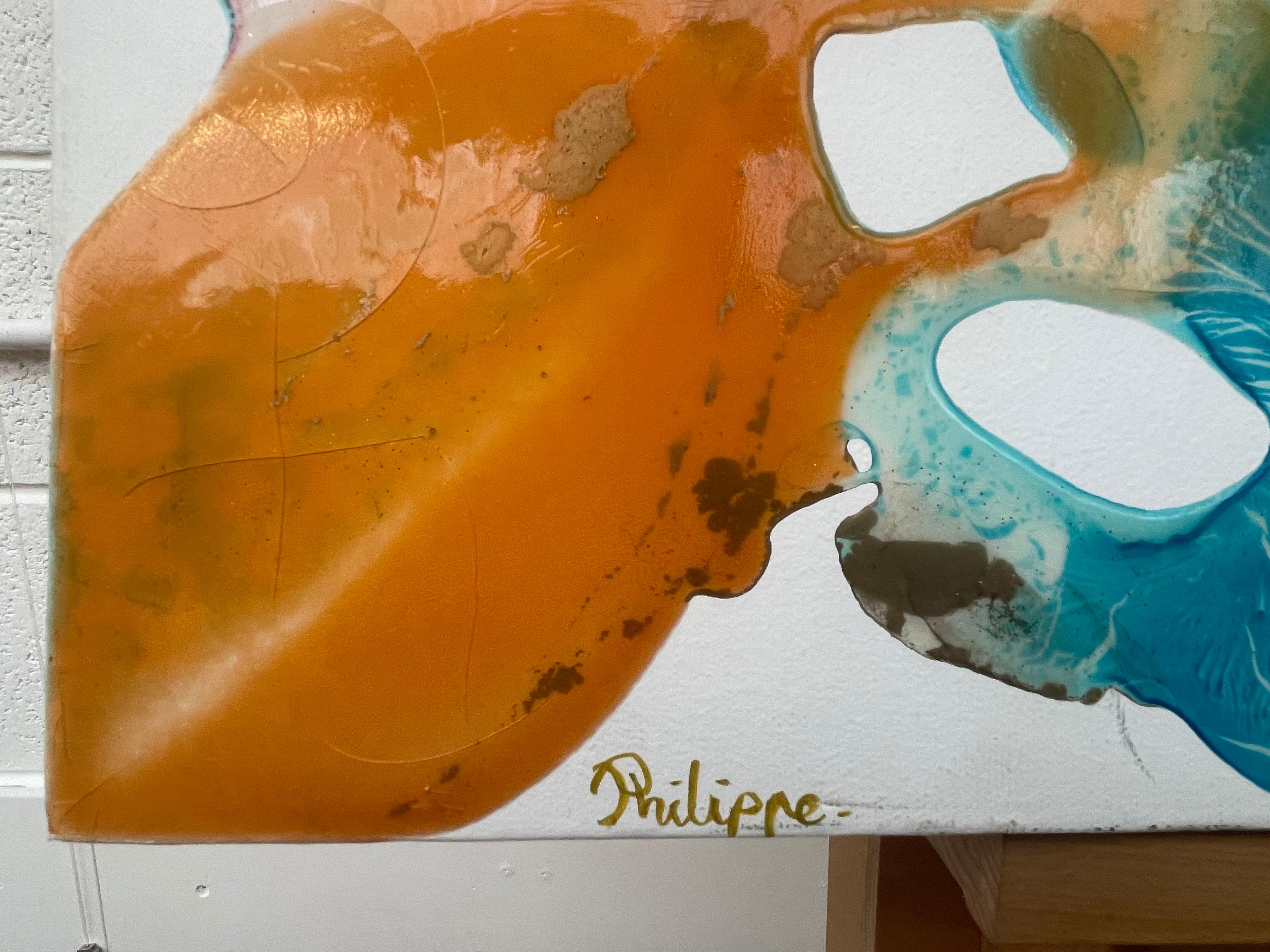 Colourful Abstract Painting using Orange & Turquoise Resin on a White Canvas  For Sale 3