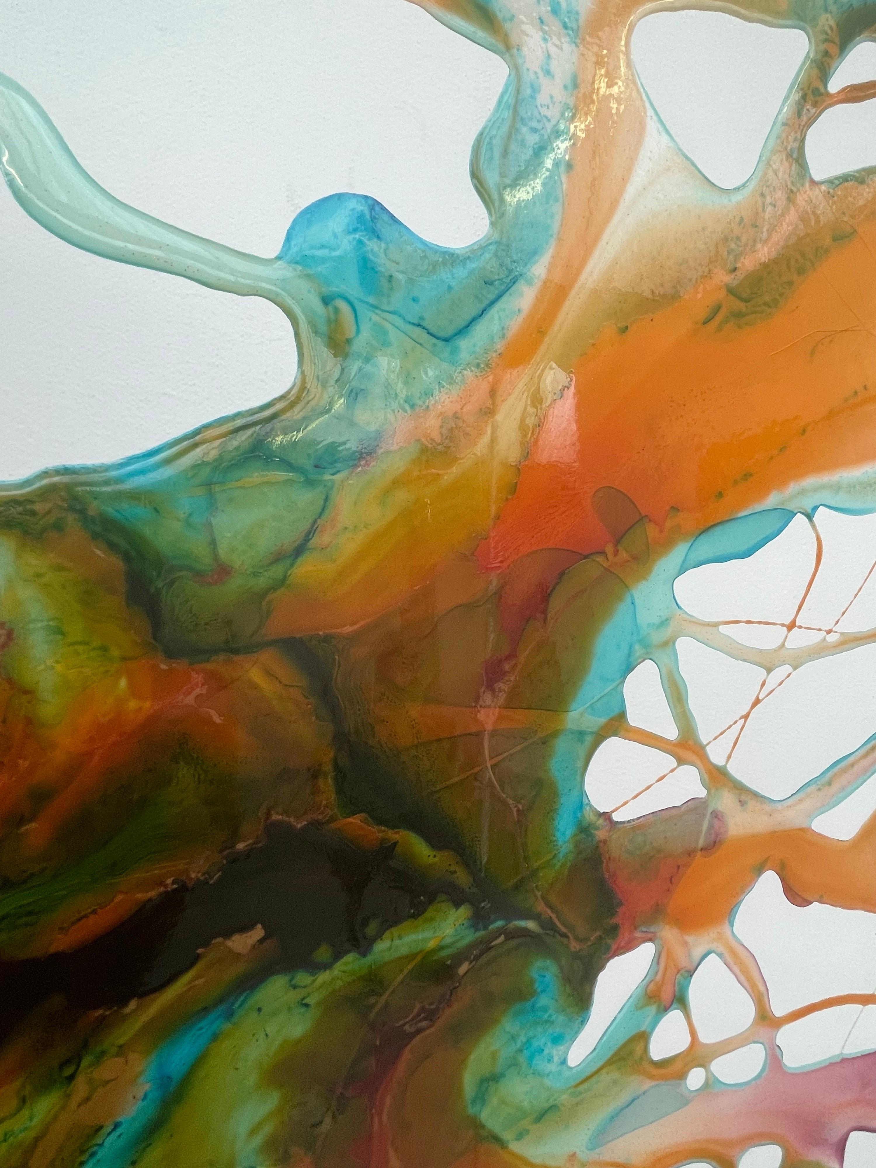 Colourful Abstract Painting using Orange & Turquoise Resin on a White Canvas  For Sale 4