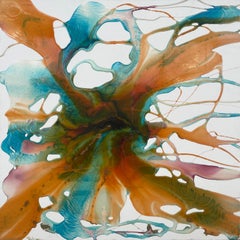 Colourful Abstract Painting using Orange & Turquoise Resin on a White Canvas 