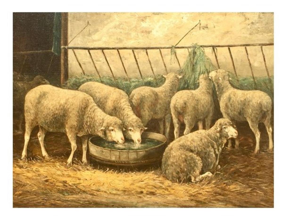 Français Huile sur toile de Philippe Albin De Buncey, Peinture représentant des moutons dans une écurie, XIXe siècle