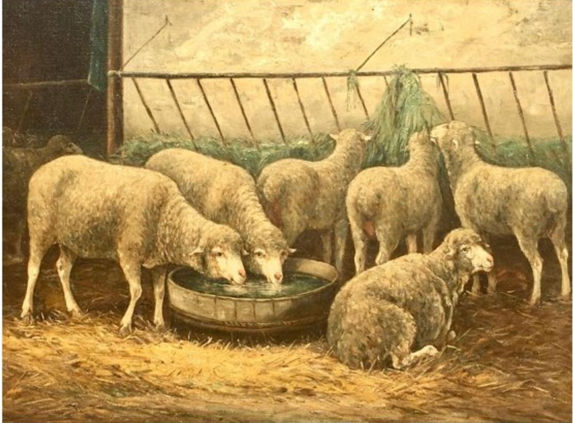 Huile sur toile de Philippe Albin De Buncey, Peinture représentant des moutons dans une écurie, XIXe siècle Bon état à Beaune, FR