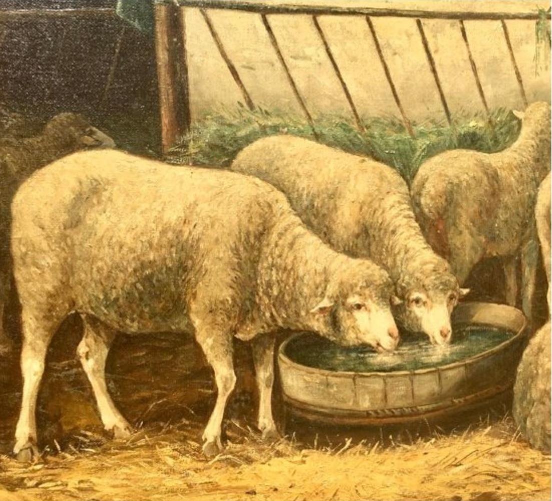 Toile Huile sur toile de Philippe Albin De Buncey, Peinture représentant des moutons dans une écurie, XIXe siècle
