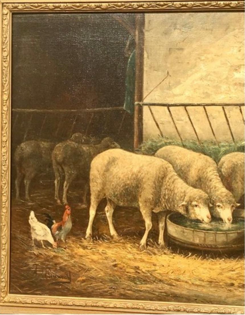 Huile sur toile de Philippe Albin De Buncey, Peinture représentant des moutons dans une écurie, XIXe siècle 1