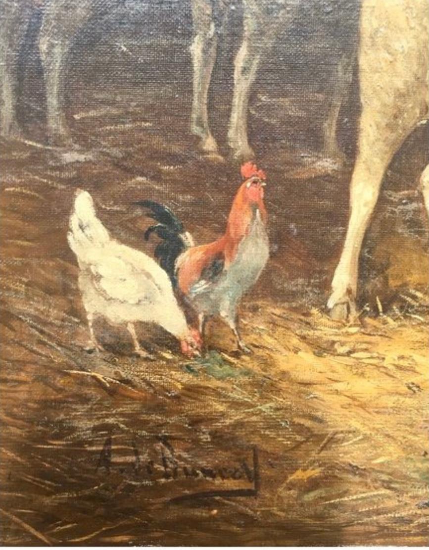 Huile sur toile de Philippe Albin De Buncey, Peinture représentant des moutons dans une écurie, XIXe siècle 2
