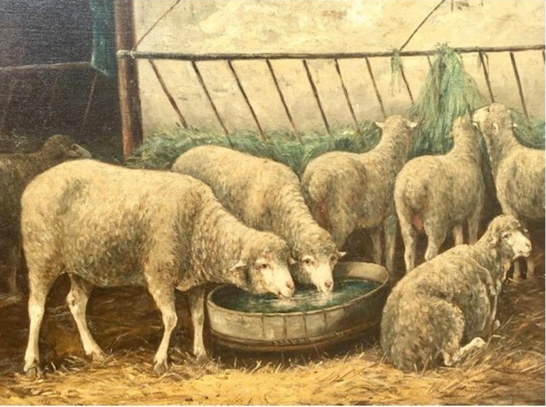 Huile sur toile de Philippe Albin De Buncey, Peinture représentant des moutons dans une écurie, XIXe siècle 3