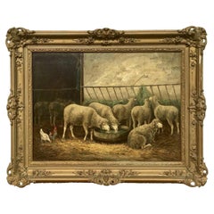 Huile sur toile de Philippe Albin De Buncey, Peinture représentant des moutons dans une écurie, XIXe siècle