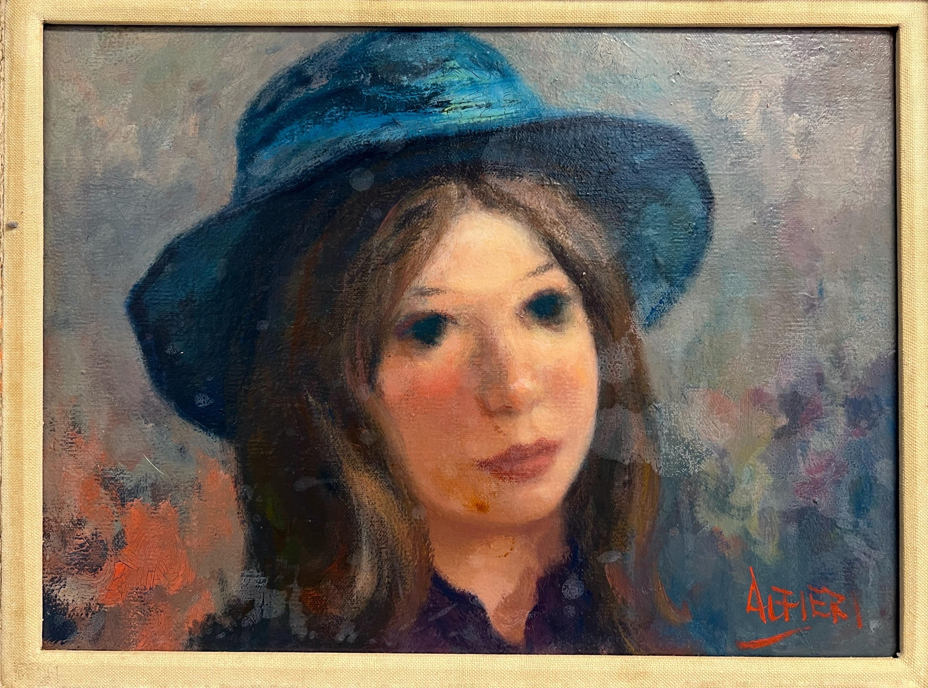 American Philippe Alfieri Oil Painting of Young Girl with Hat