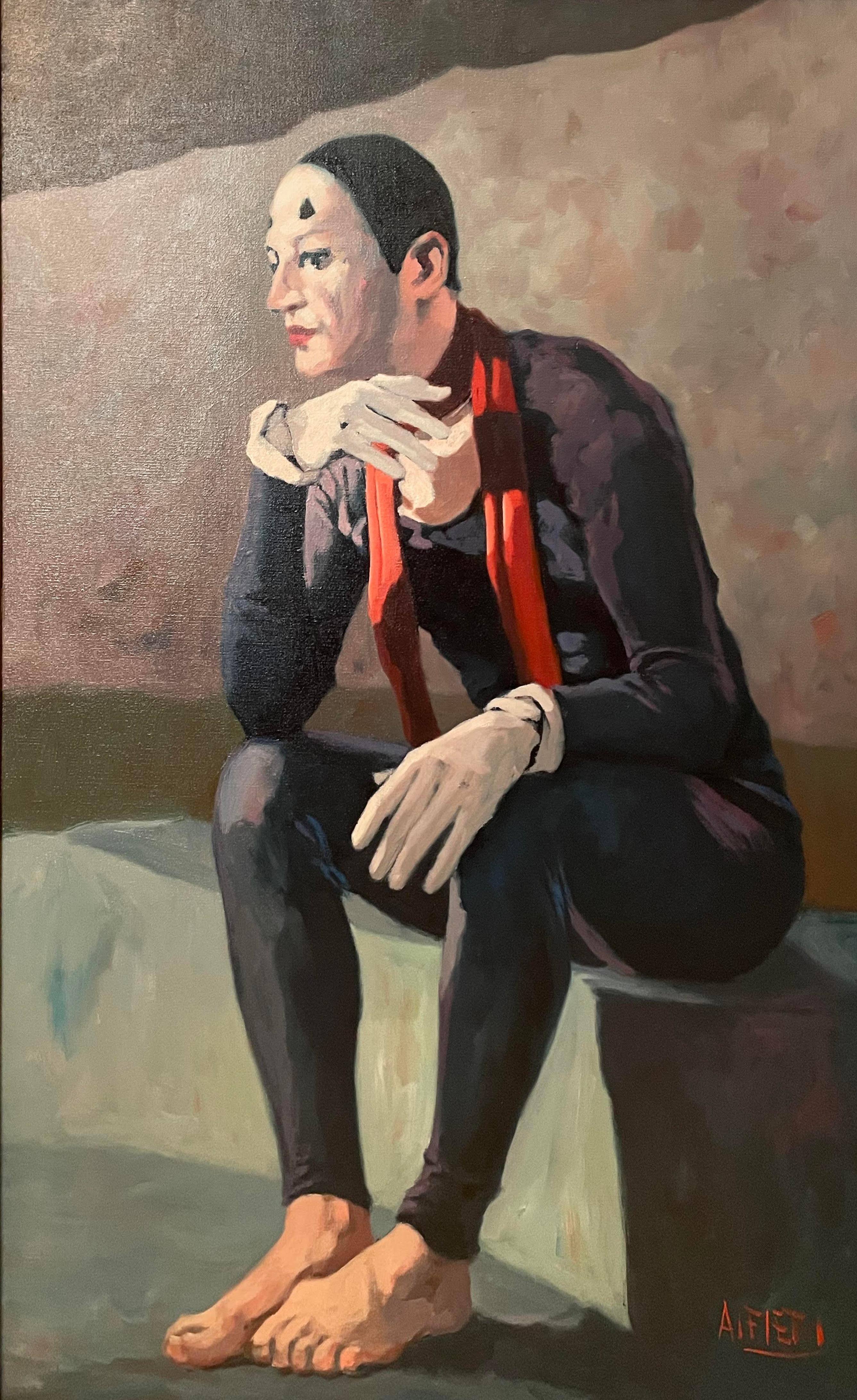 Sitzendes Clown, Moderne Kunst, Ölgemälde von Philippe Alfieri im Angebot 1
