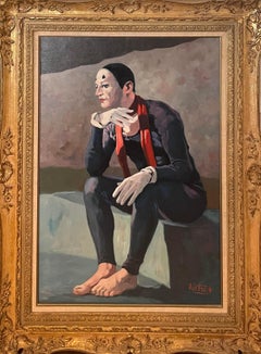 Vintage Seated Clown, Modern Art Oil Painting by Philippe Alfieri