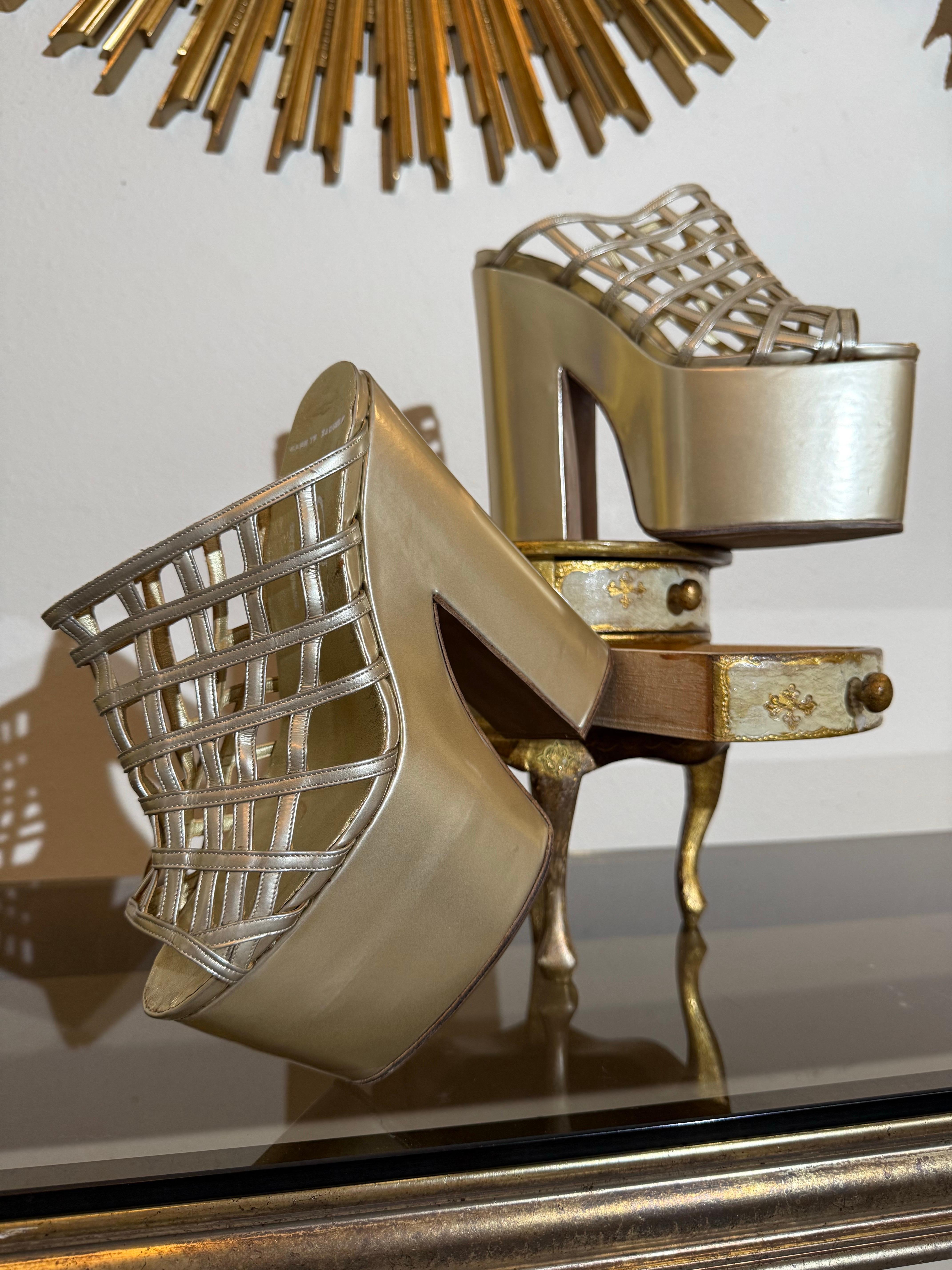Philippe Atienza Bespoke Champagne Patent Leather Platform Shoes w Cage Vamps For Sale 6