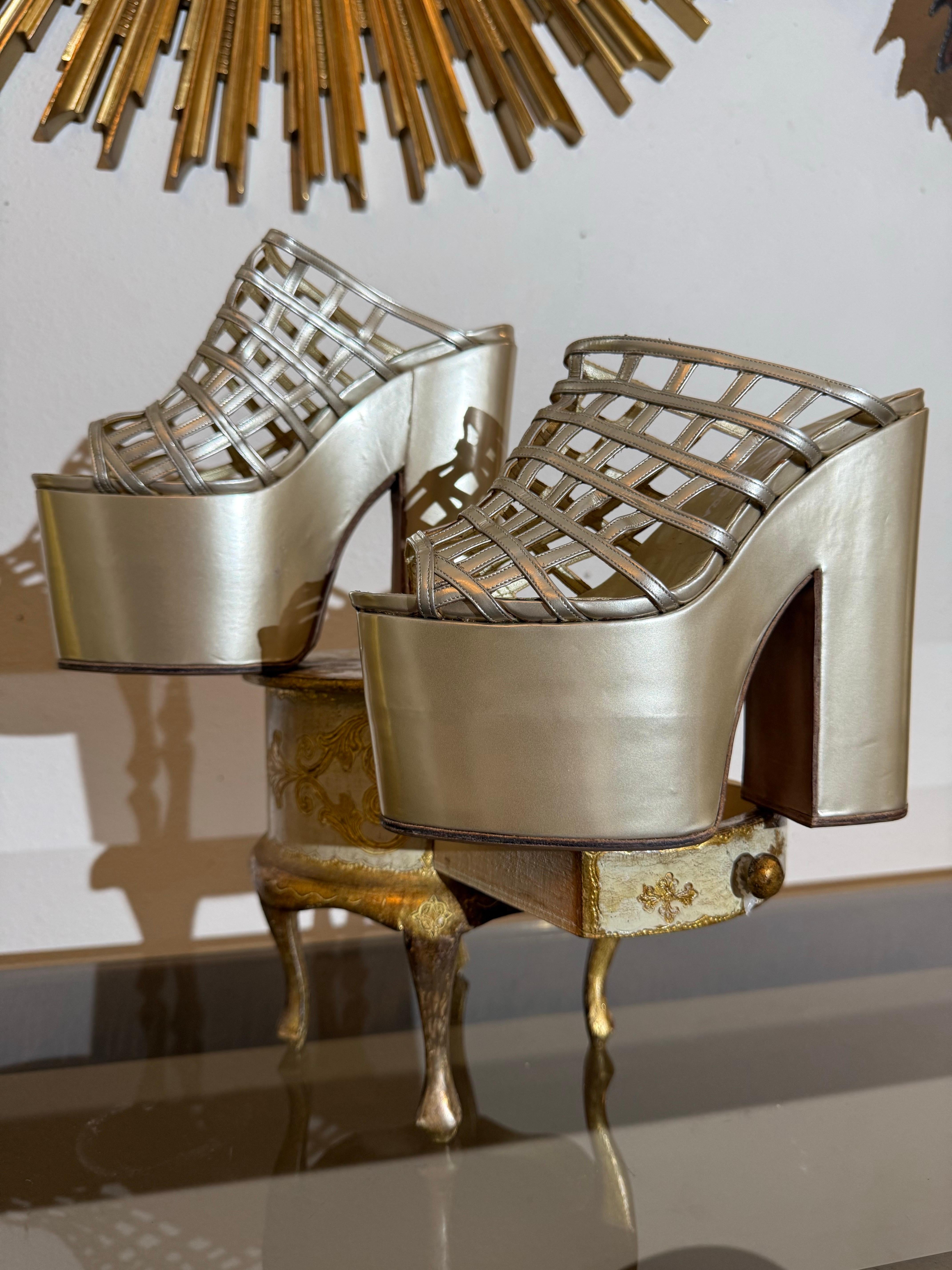 Philippe Atienza Bespoke Champagne Patent Leather Platform Shoes w Cage Vamps For Sale 10