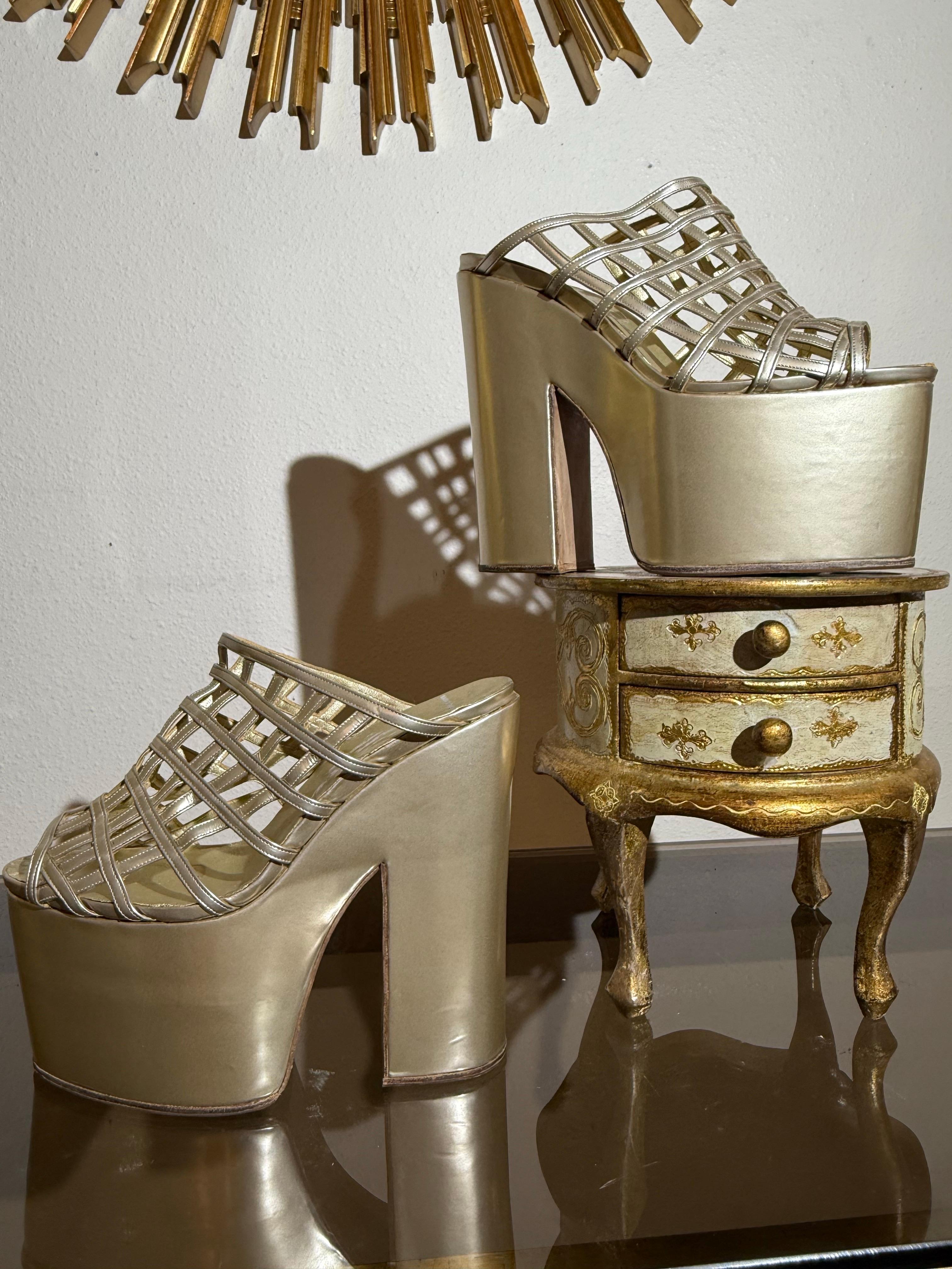 Philippe Atienza Bespoke Champagne Patent Leather Platform Shoes w Cage Vamps:  Extraordinary, chic platforms with delicate strapwork vamps by a master shoemaker. Never worn. Heel is 5