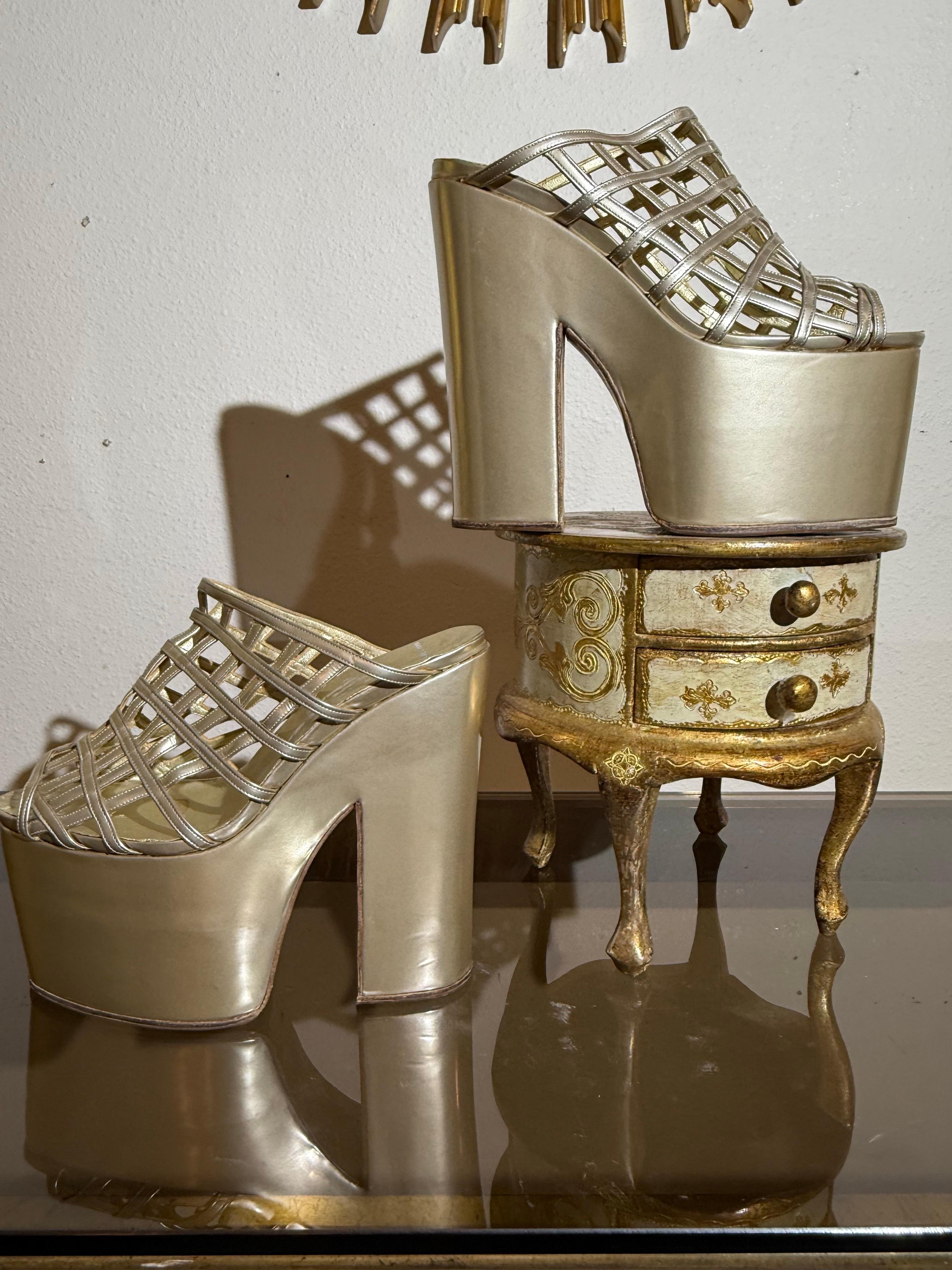 Brown Philippe Atienza Bespoke Champagne Patent Leather Platform Shoes w Cage Vamps For Sale