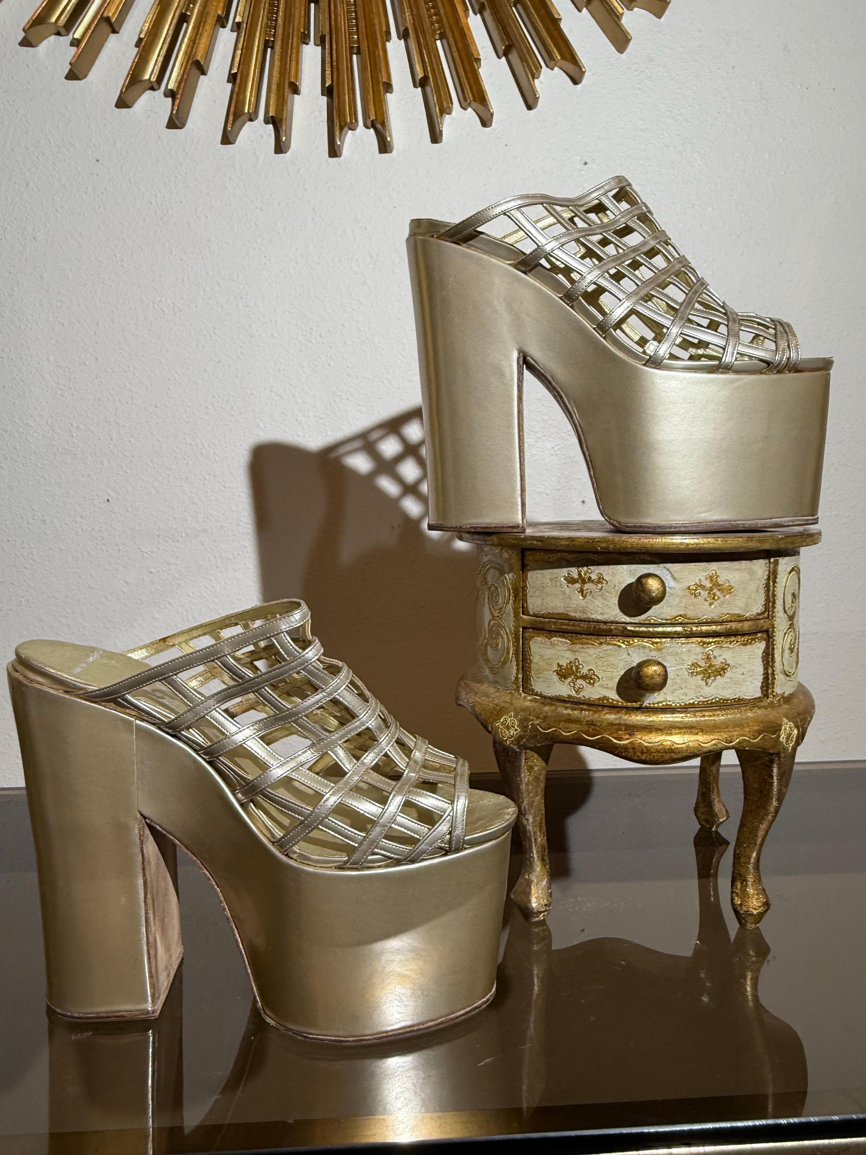 Women's Philippe Atienza Bespoke Champagne Patent Leather Platform Shoes w Cage Vamps For Sale