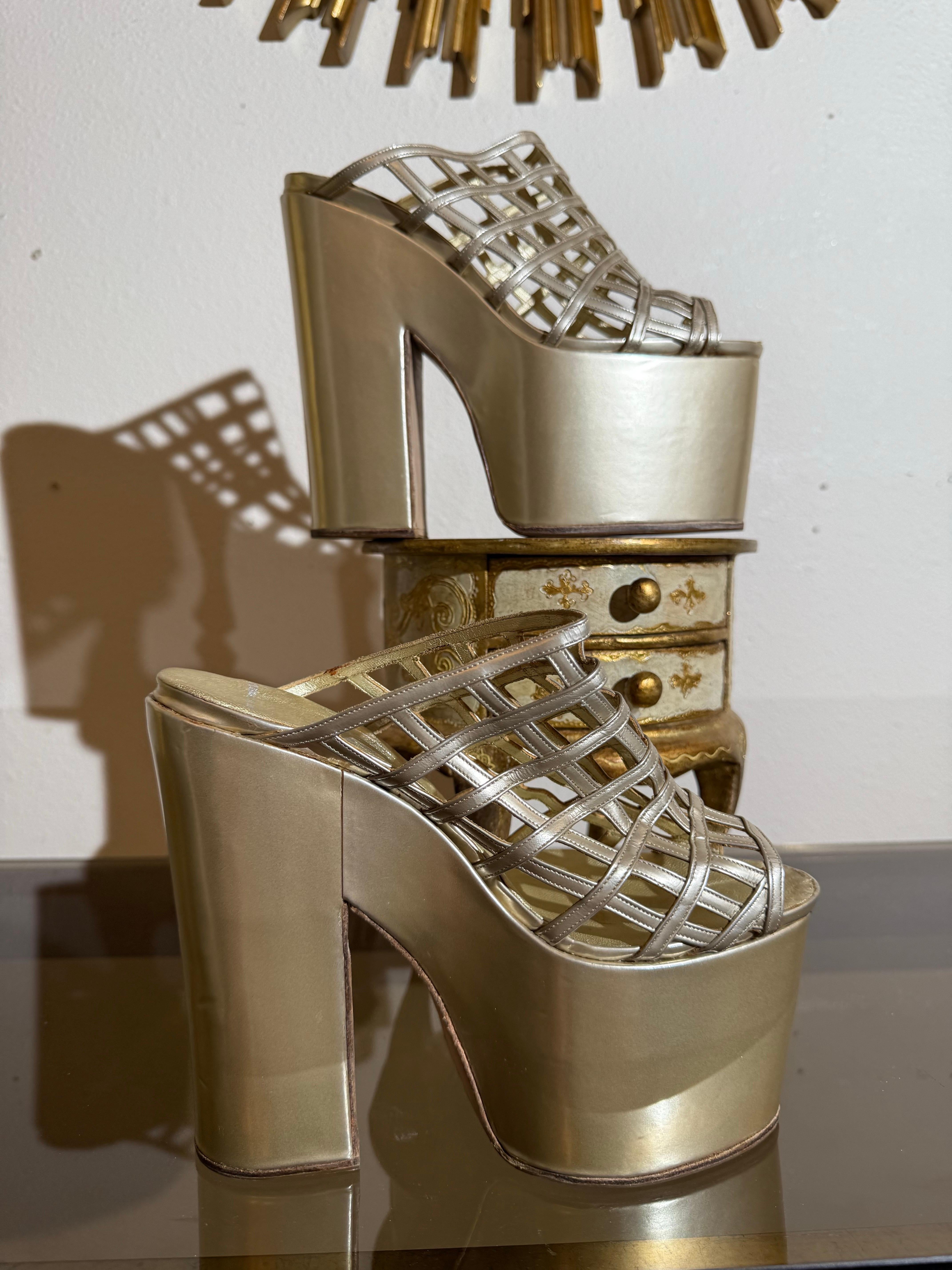 Philippe Atienza Bespoke Champagne Patent Leather Platform Shoes w Cage Vamps For Sale 3