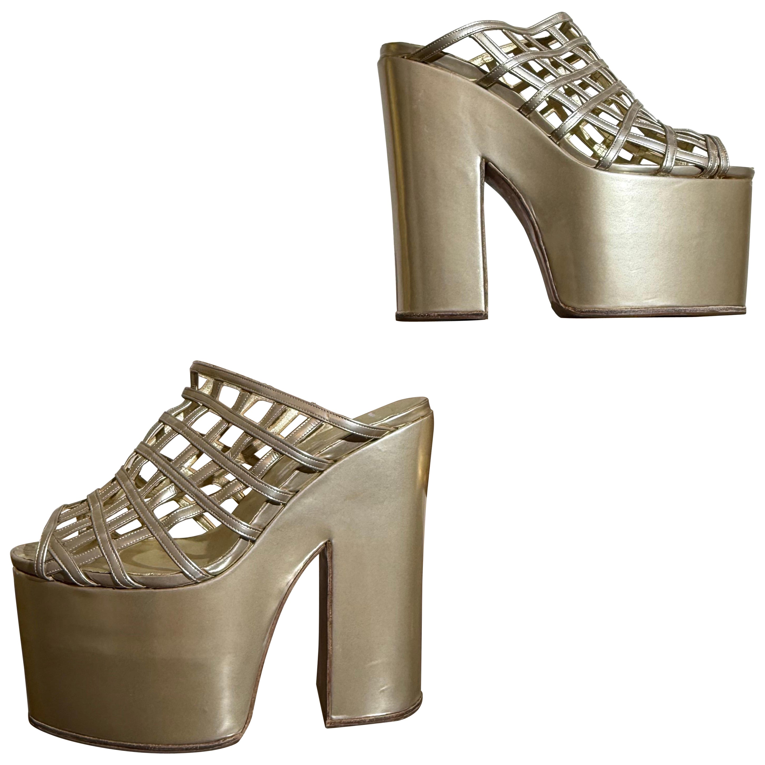 Philippe Atienza Bespoke Champagne Patent Leather Platform Shoes w Cage Vamps For Sale