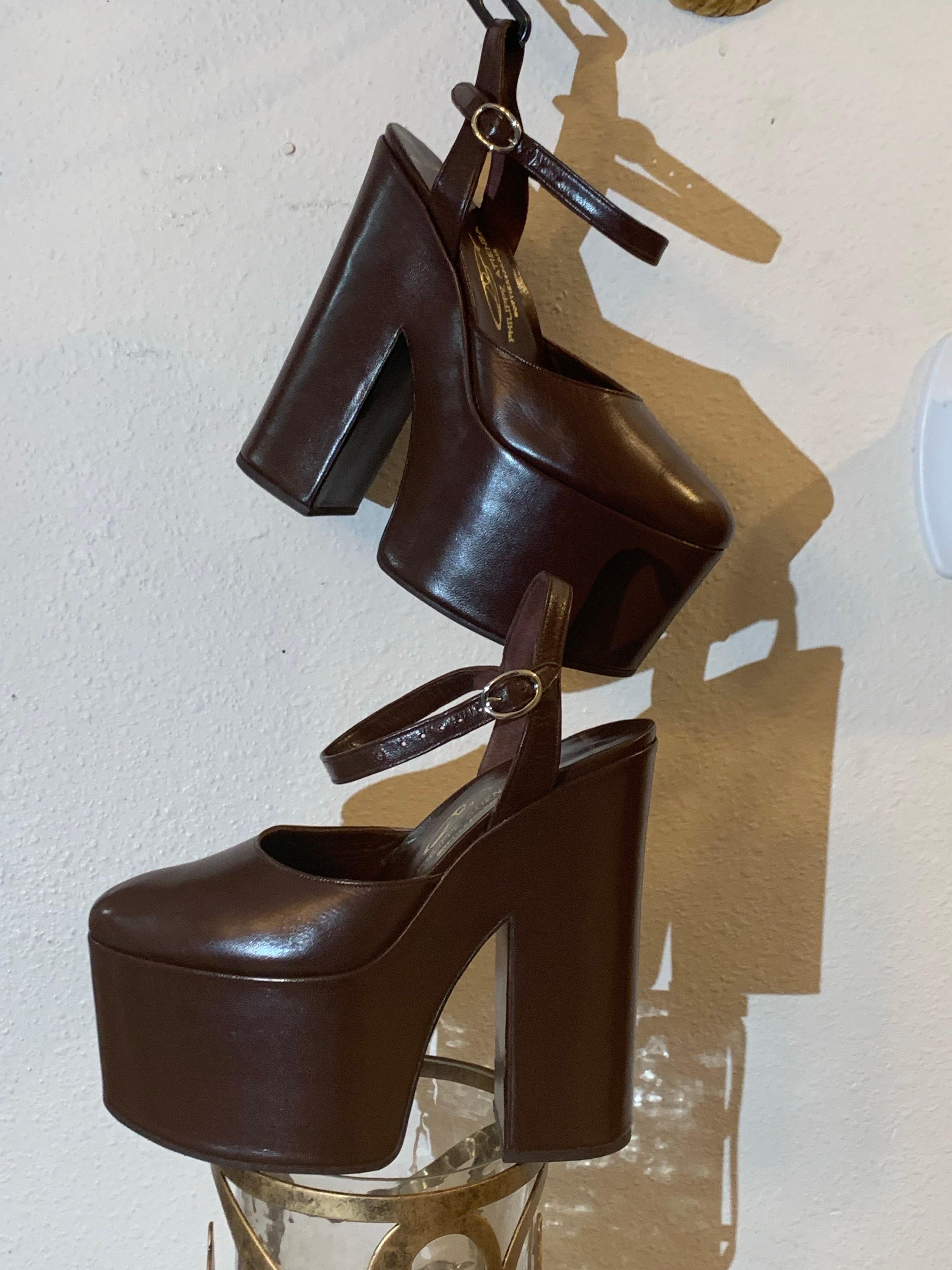 Philippe Atienza - Bottier Paris Custom-Made Chocolate Leather Platform Shoes:  Bespoke kid leather in a delicious chocolate brown glossy leather with a 2 inch platform at front rising to 5 inches at block heel. Almond-shaped toe box with thin ankle