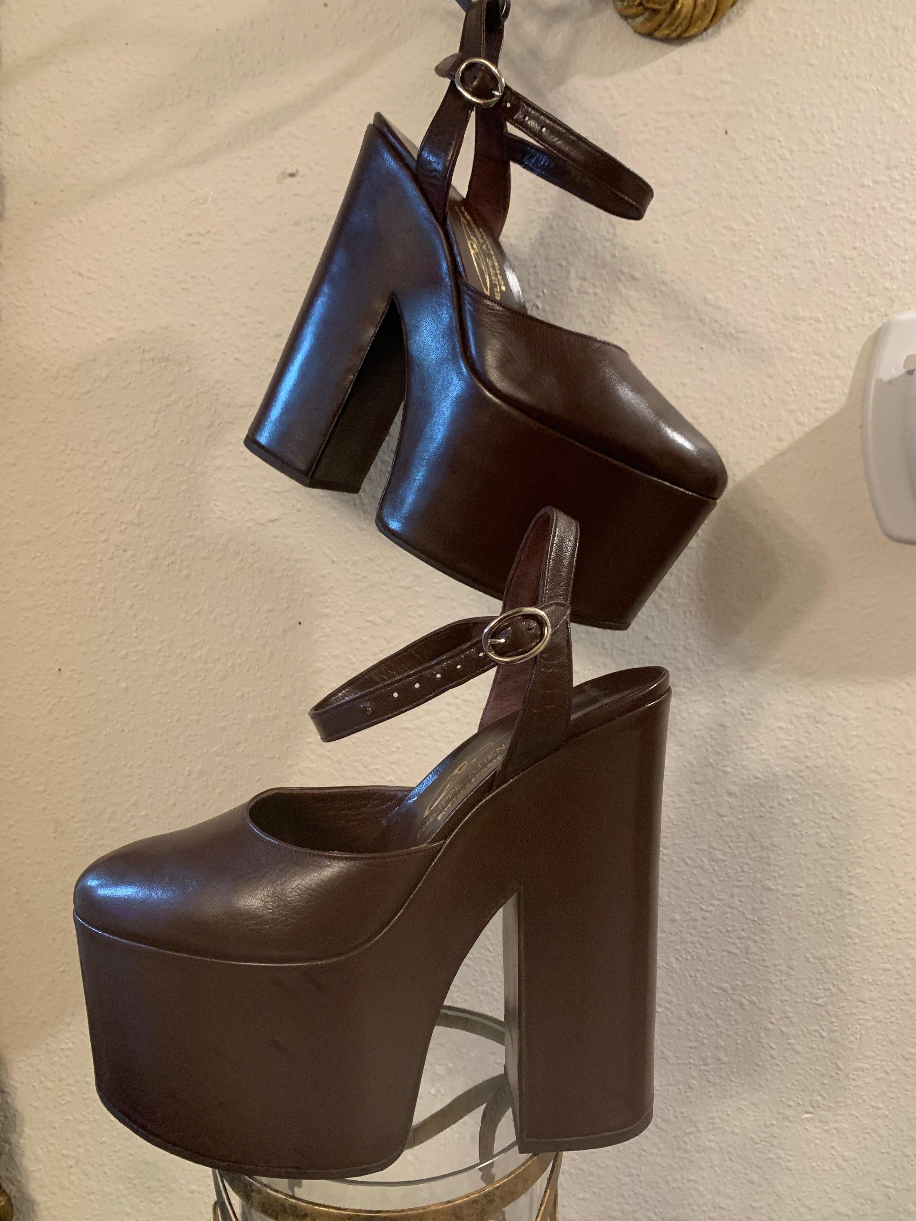 Philippe Atienza - Bottier Paris Custom-Made Chocolate Leather Platform Shoes In New Condition For Sale In Gresham, OR