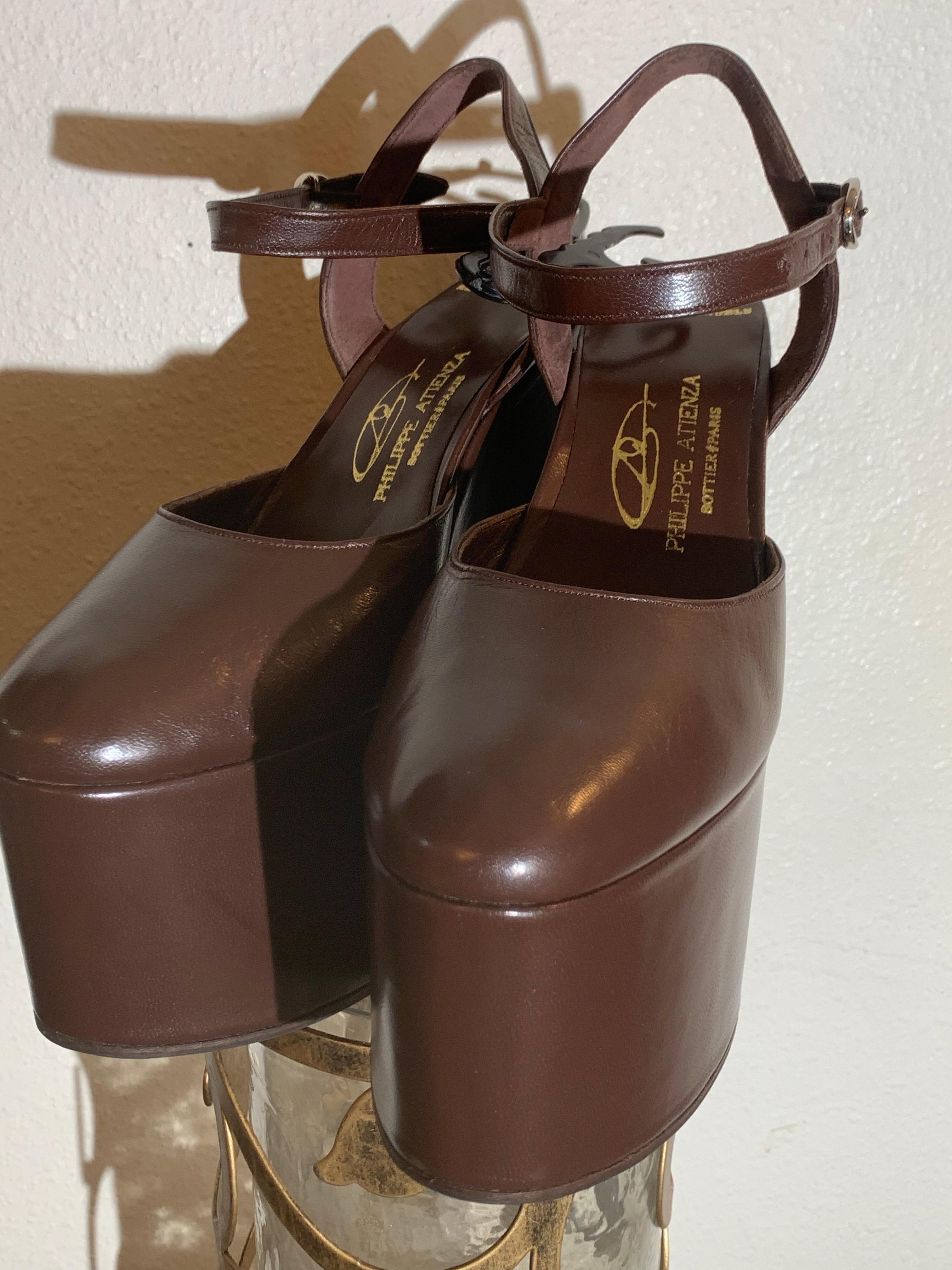Philippe Atienza - Bottier Paris Custom-Made Chocolate Leather Platform Shoes For Sale 4