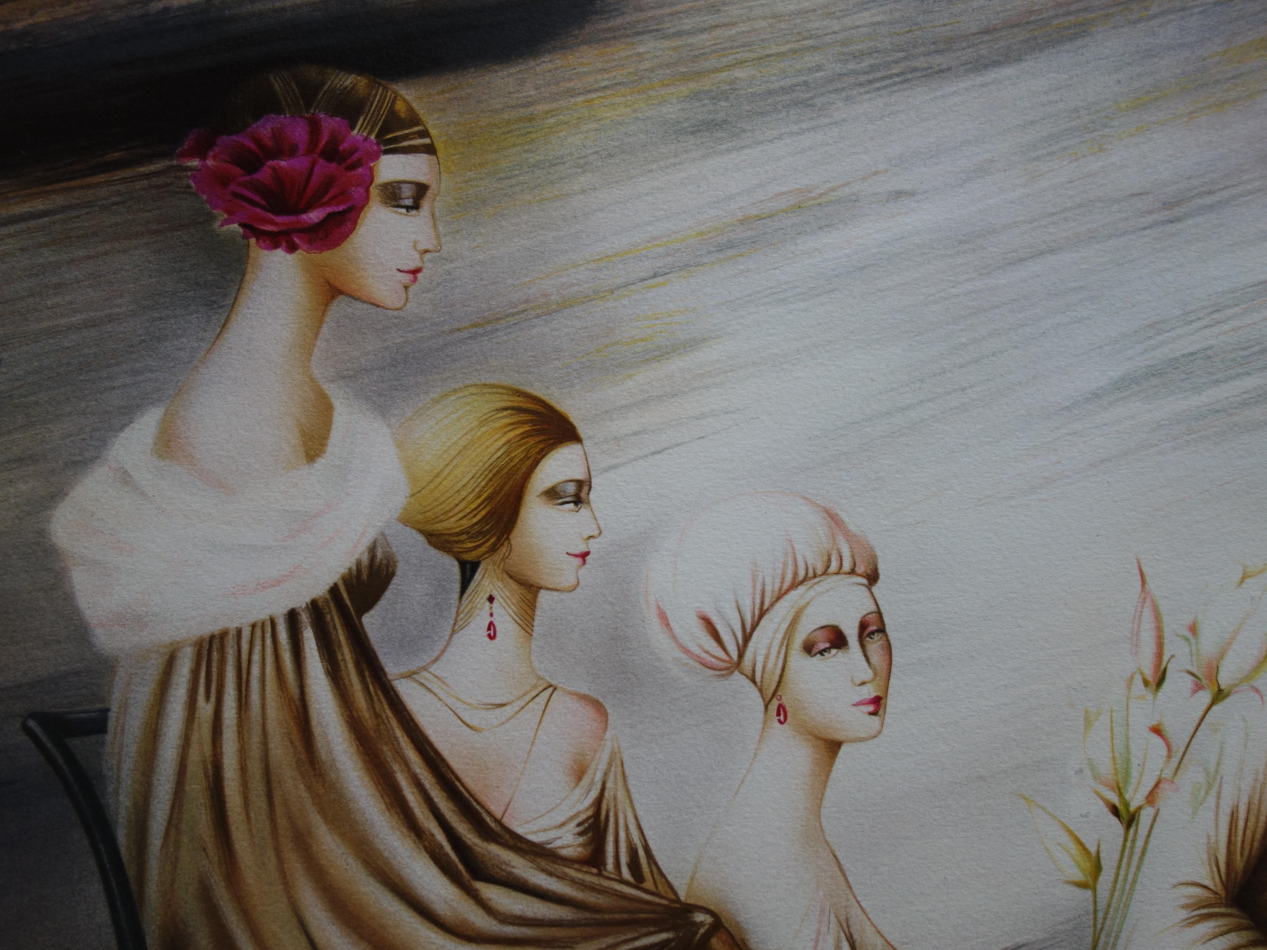 The Beauties in the Garden - Original handsigned lithograph - Gray Figurative Print by Philippe Augé