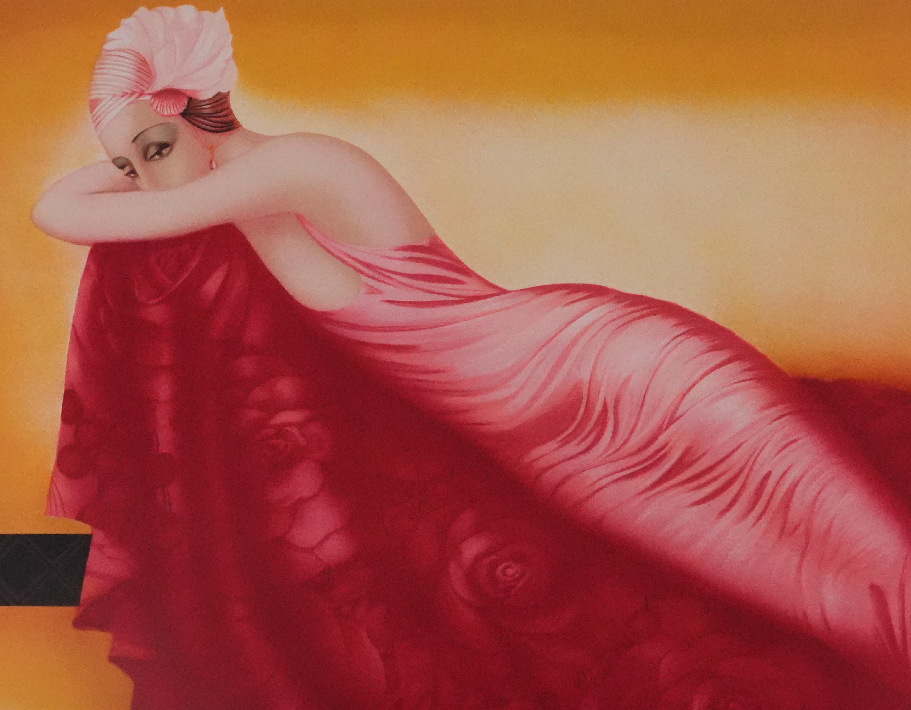 Die Frauen im rosa Kleid - Original handsignierte Lithographie (Braun), Figurative Print, von Philippe Augé