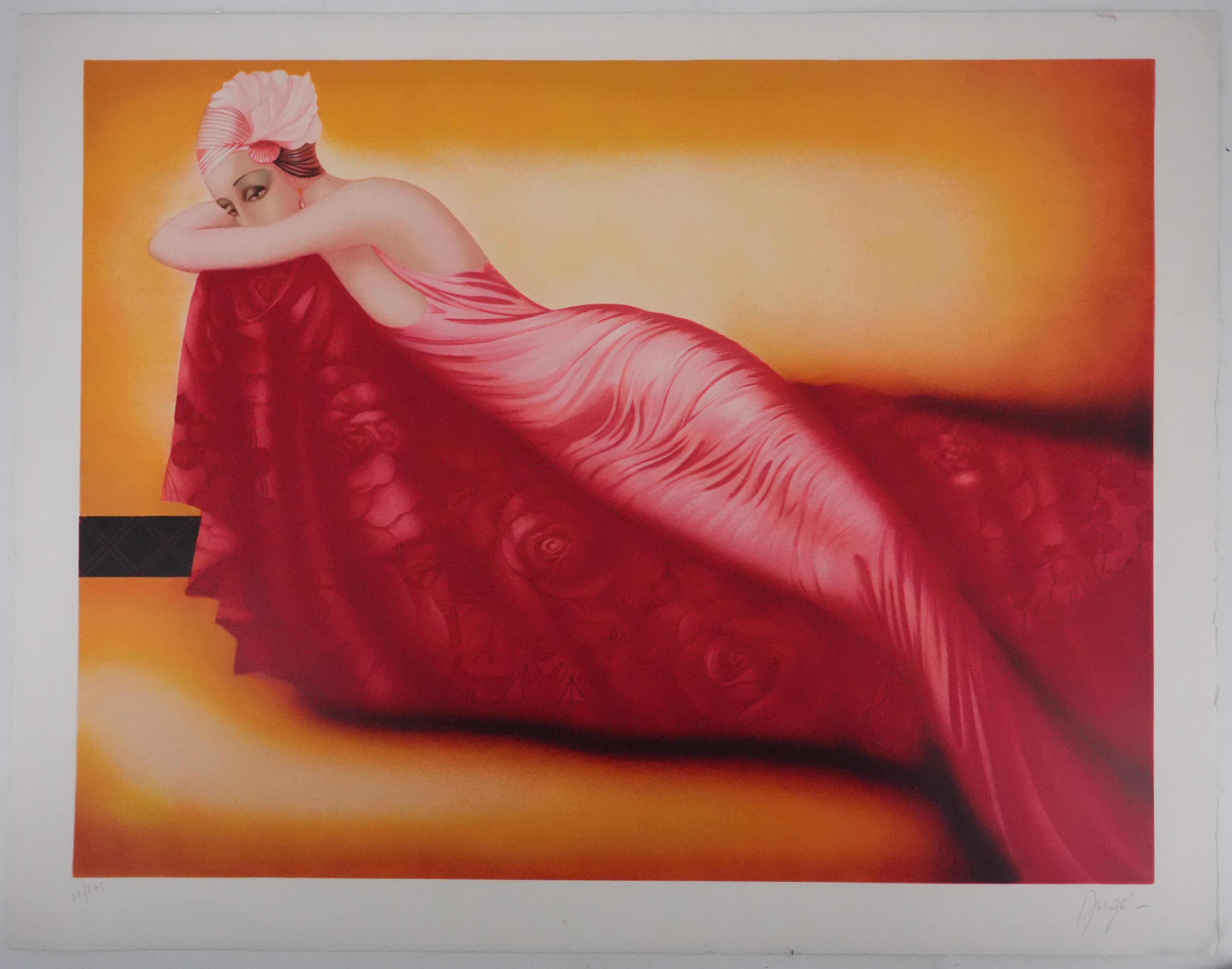 Die Frauen im rosa Kleid - Original handsignierte Lithographie