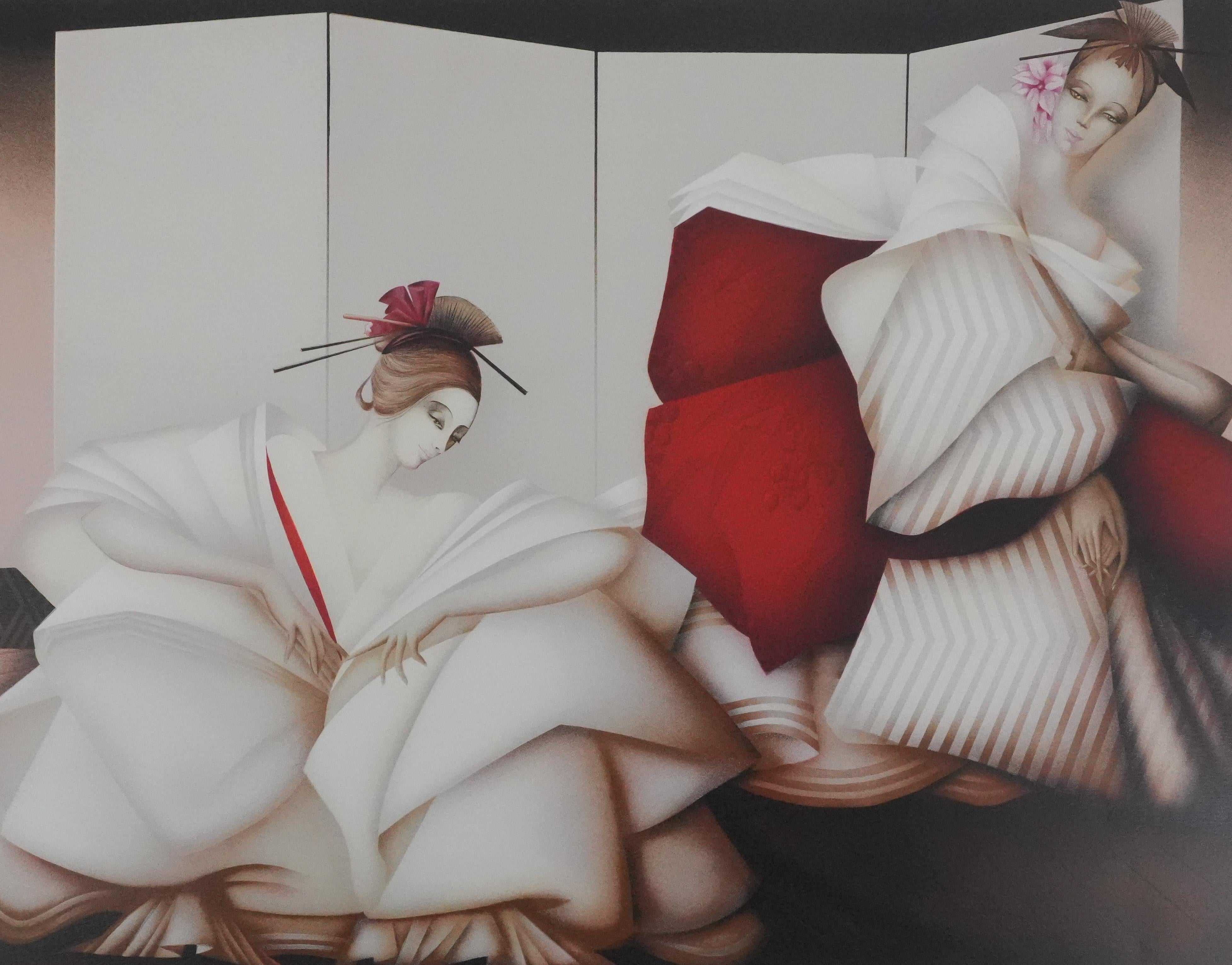 The Women in White Dress - Original handsigned lithograph - Modern Print by Philippe Augé