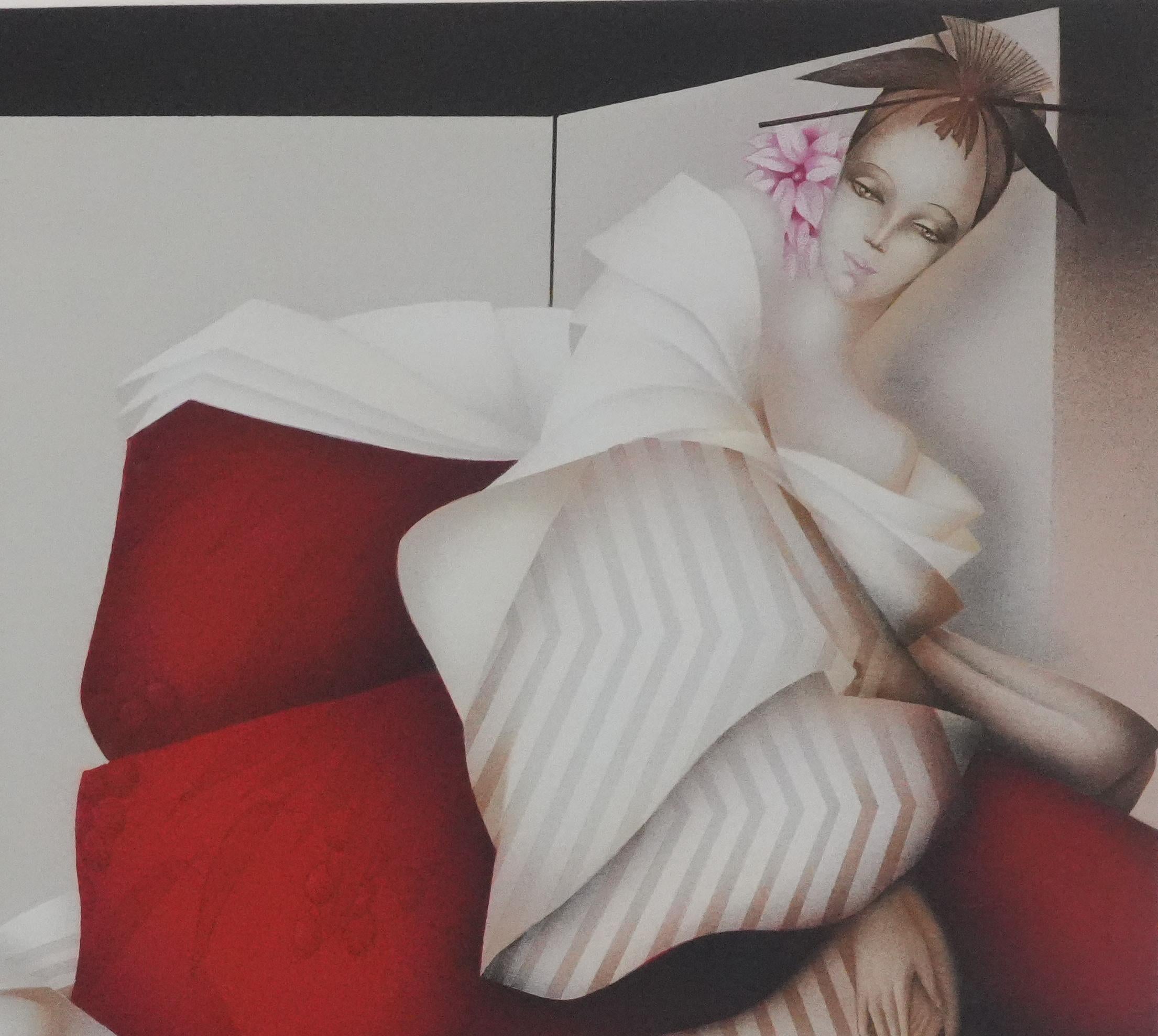 The Women in White Dress - Original handsigned lithograph - Gray Figurative Print by Philippe Augé