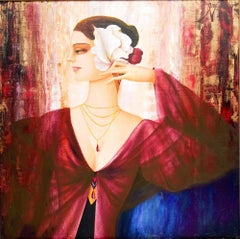 Philippe Auge Oil on Canvas Painting Woman with a Flower Femme avec Une Fleur