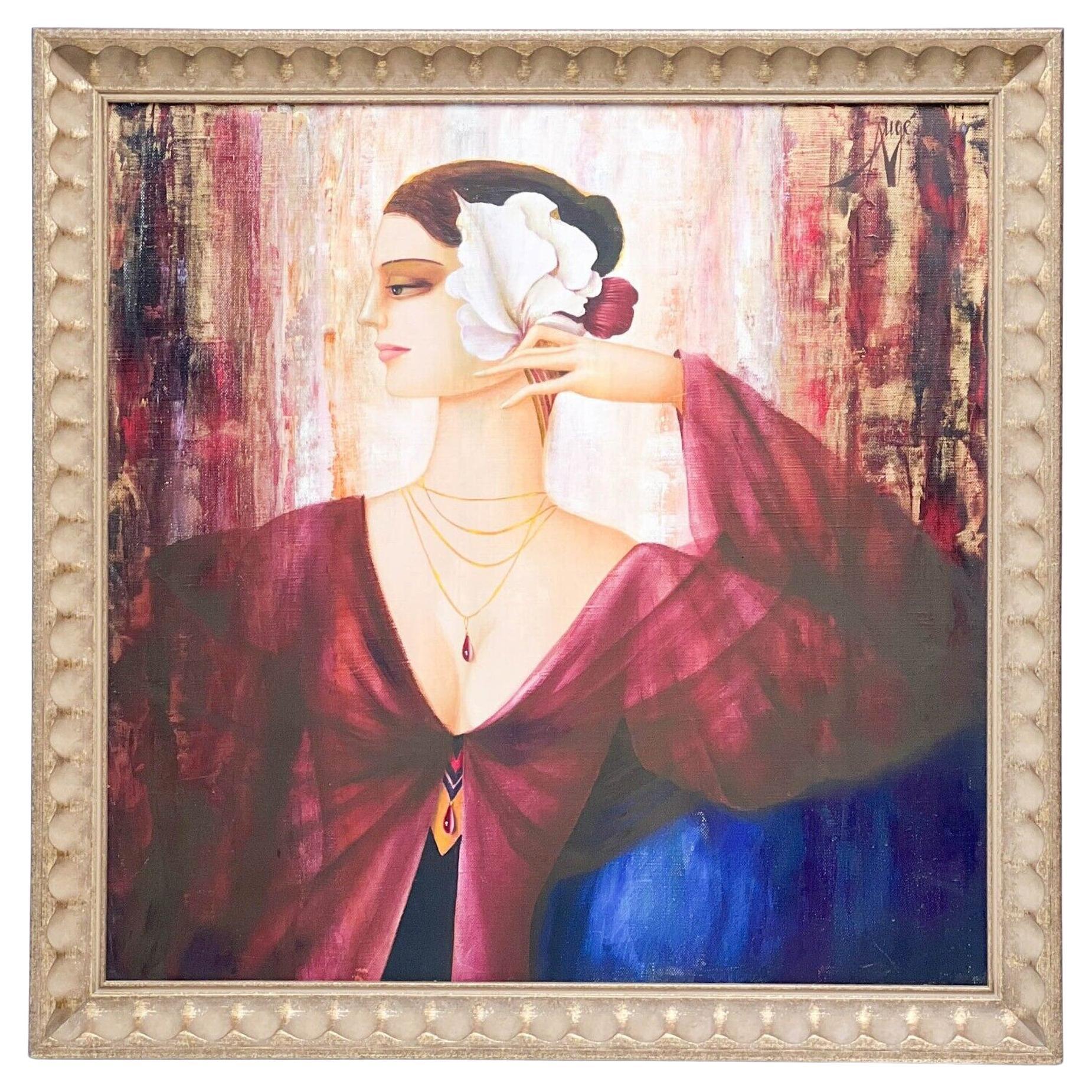 Philippe Auge Oil on Canvas Painting Woman with a Flower Femme avec Une Fleur  For Sale