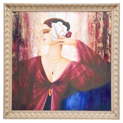 Vintage Philippe Auge Oil on Canvas Painting Woman with a Flower Femme avec Une Fleur 