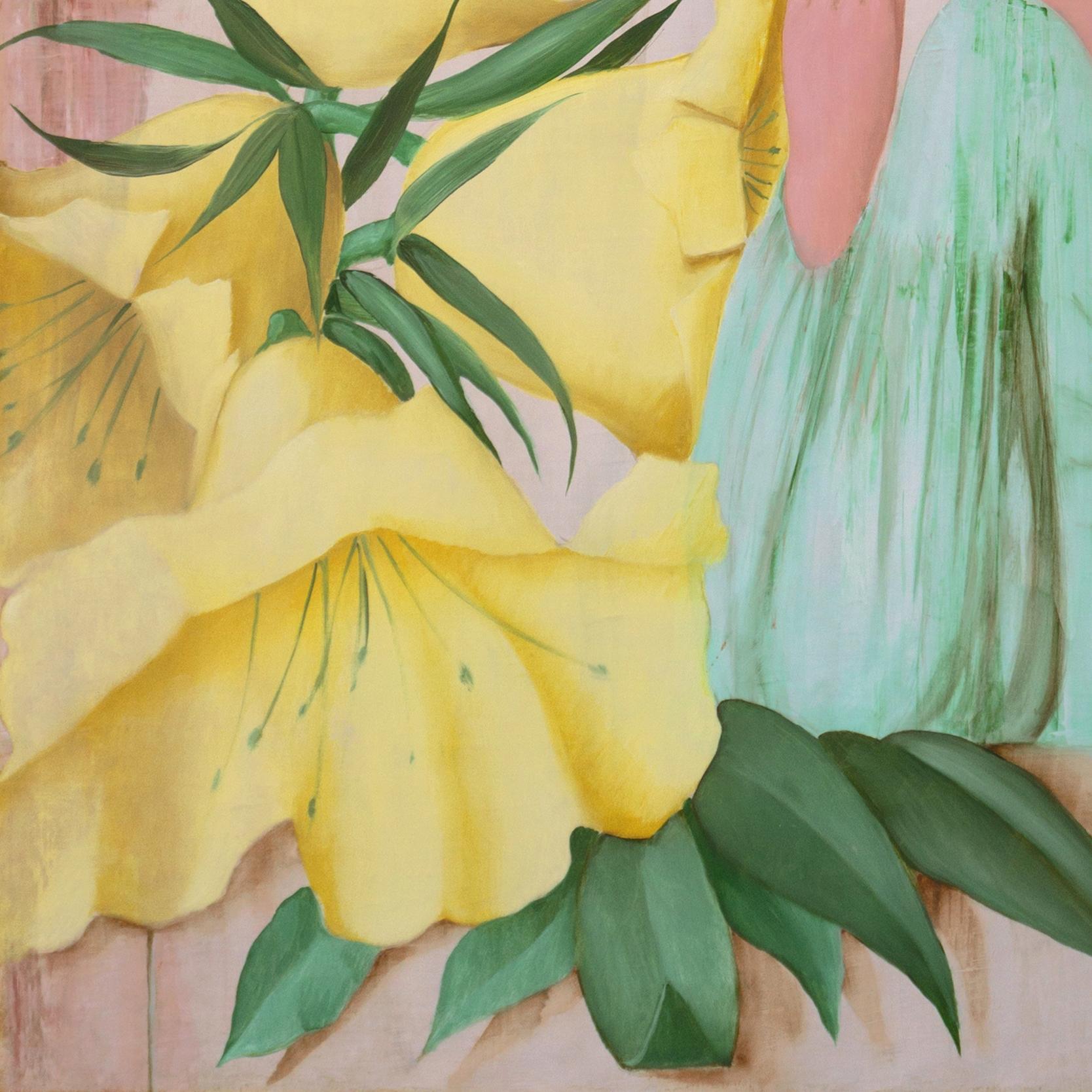 'Woman in Green', Modernist Fashion Portrait in Green and Yellow, Paris - Beige Figurative Painting by Philippe Auge