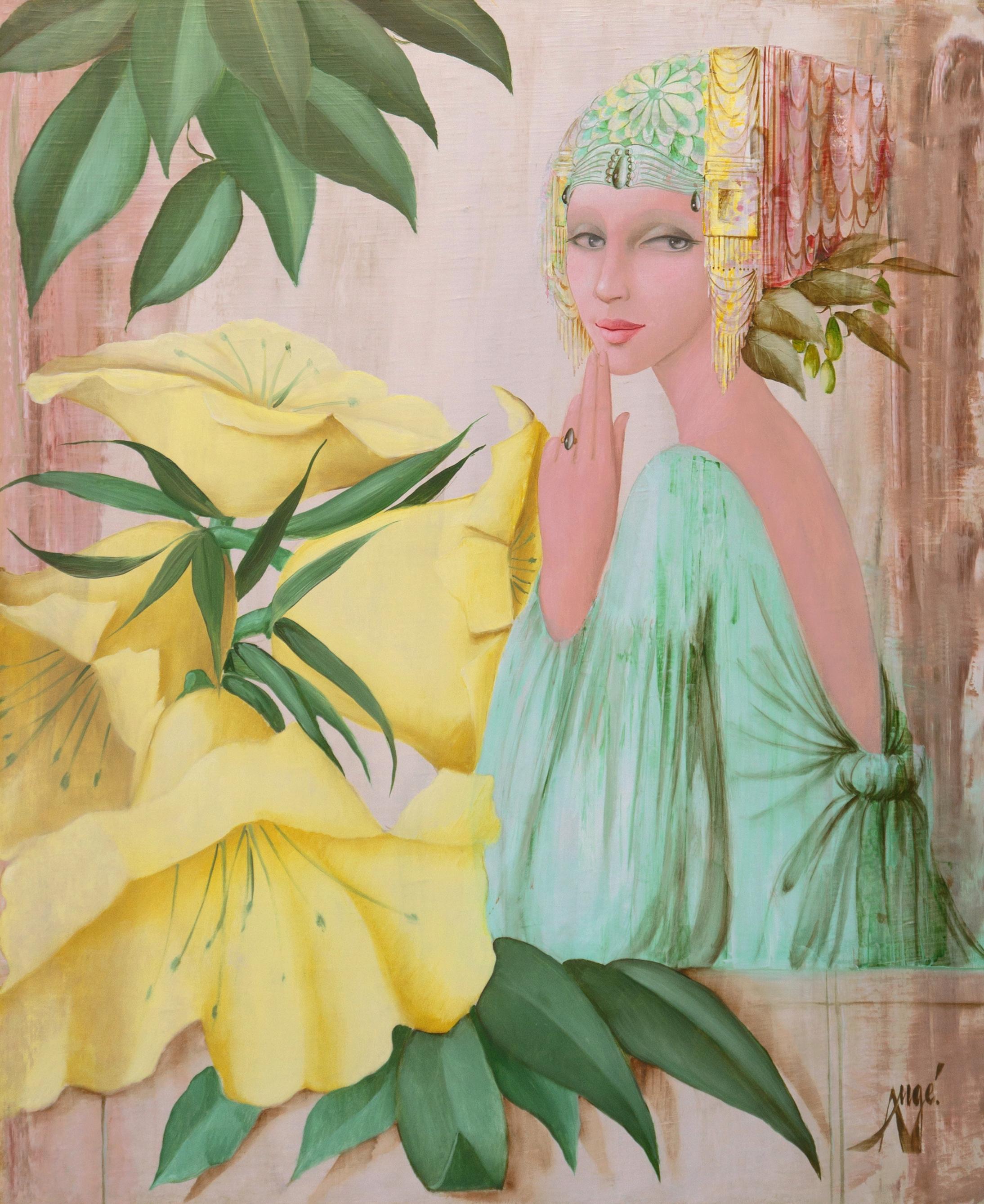 Philippe Auge Figurative Painting - 'Woman in Green', Modernist Fashion Portrait in Green and Yellow, Paris