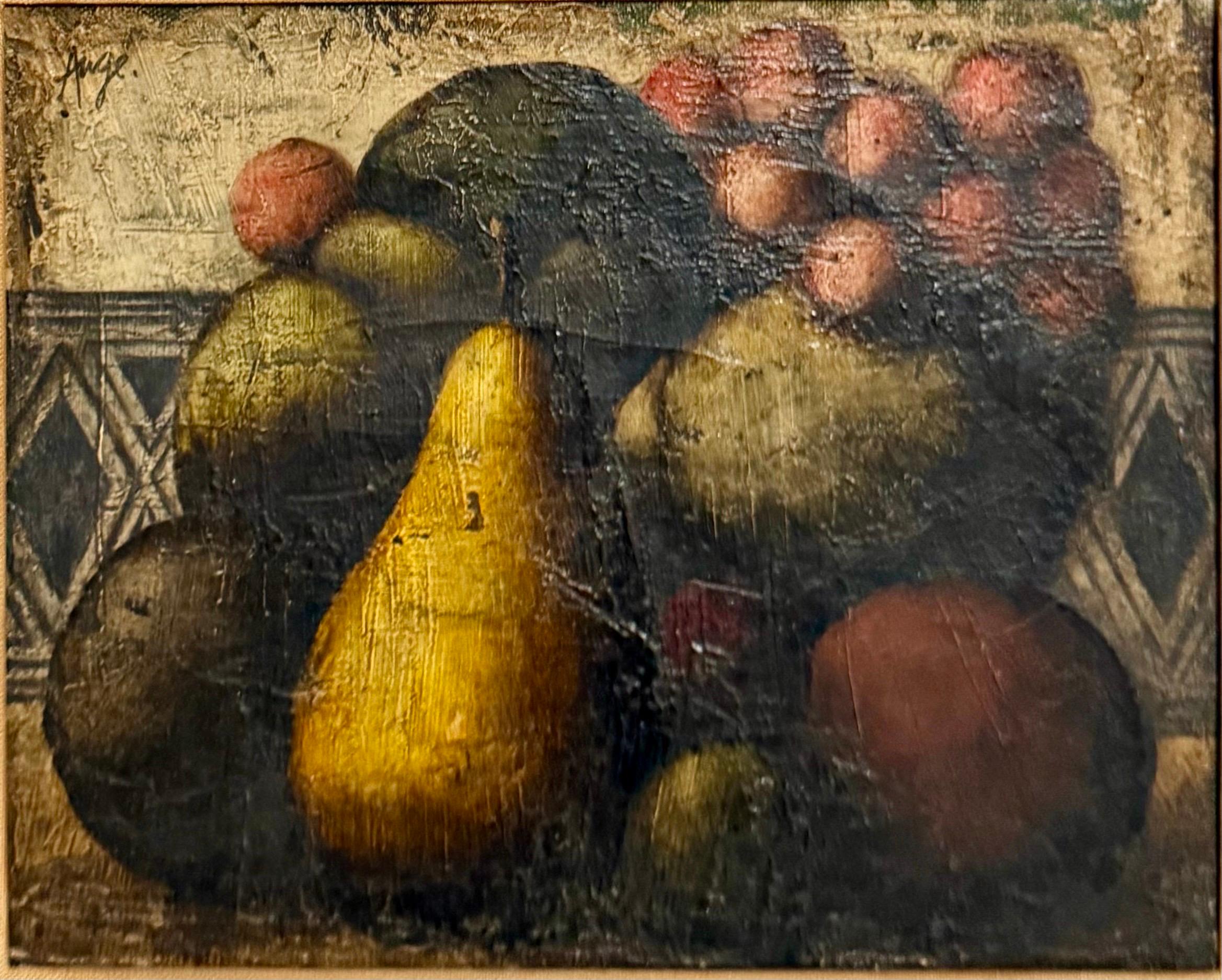 Pintura al Óleo Surrealista Francesa Peras, Frutas Naturaleza Muerta Texturizada Estilo Art Decó - Painting de Philippe Auge