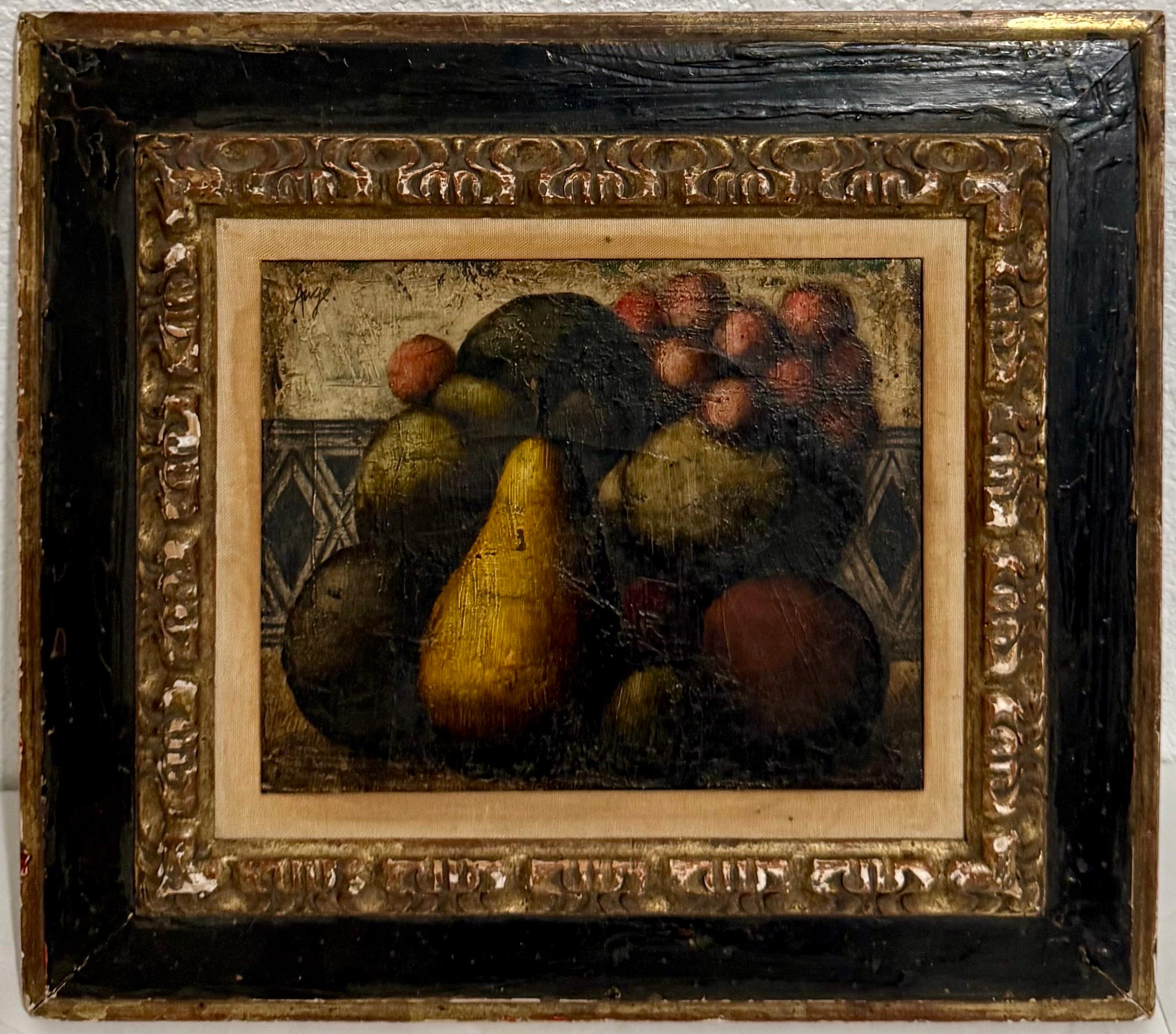 Pintura al Óleo Surrealista Francesa Peras, Frutas Naturaleza Muerta Texturizada Estilo Art Decó - Still-Life Painting Negro de Philippe Auge