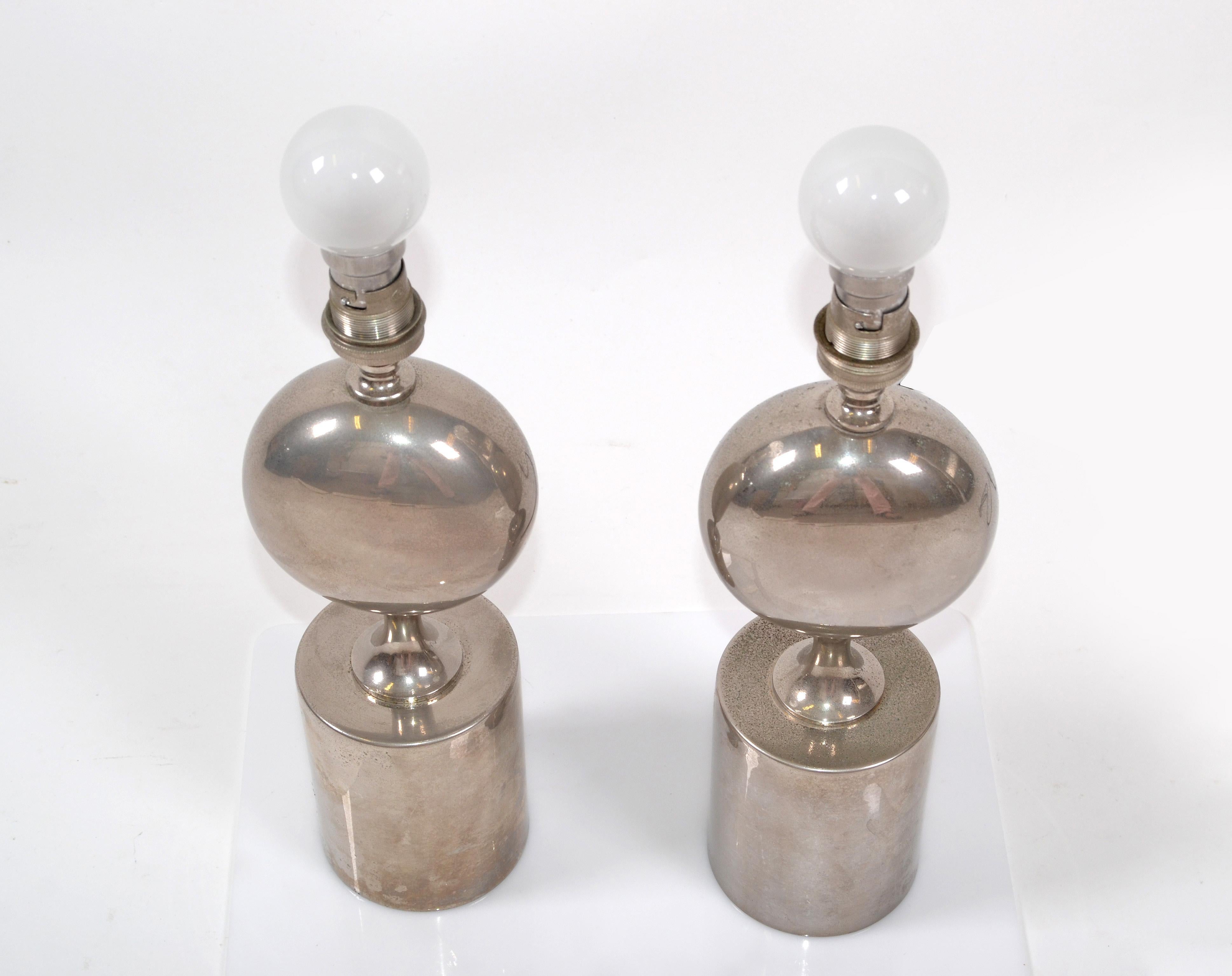 French Philippe Barbier Mid-Century Modern Chrome Table Lamps Maison Barbier, Pair For Sale