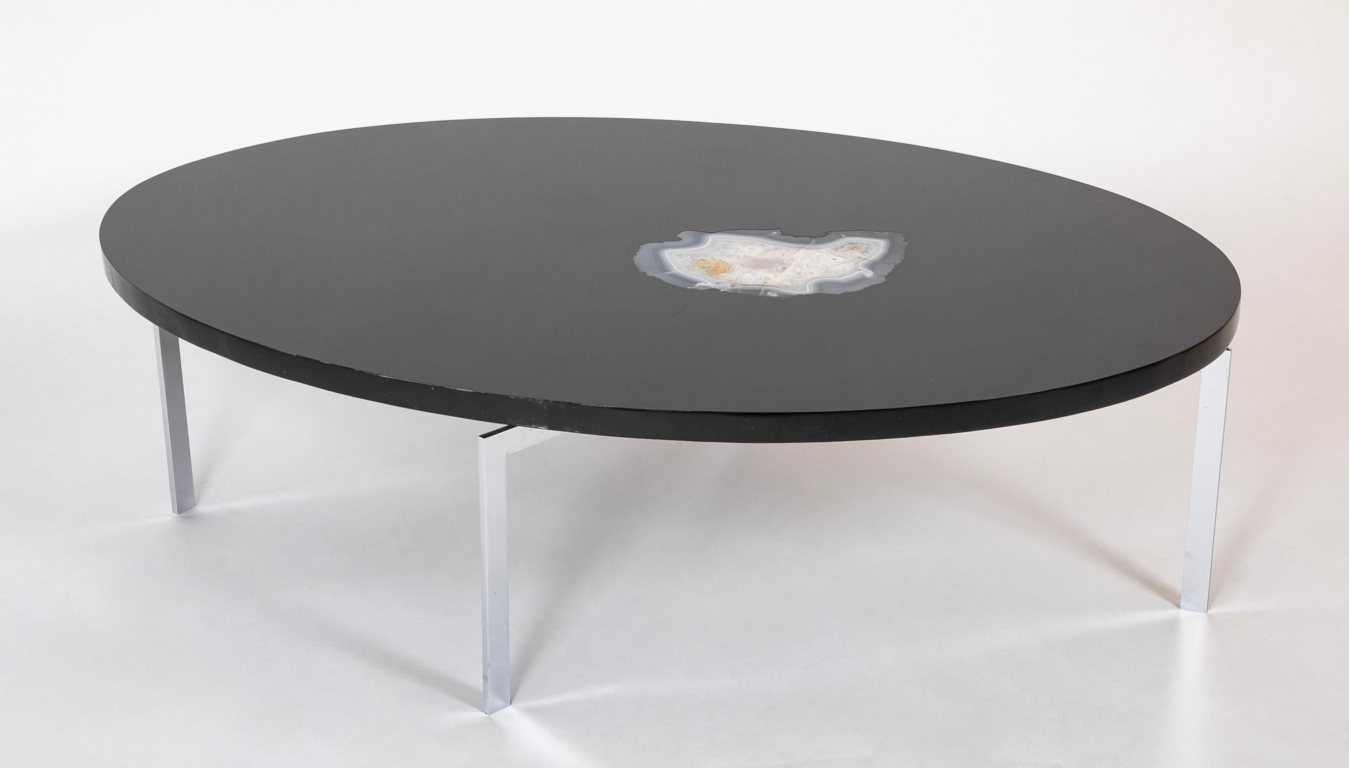 Philippe Barbier ( b. 1927 ) oval black resin coffee table with agate insert.  Signed.  Circa 1970's. France.