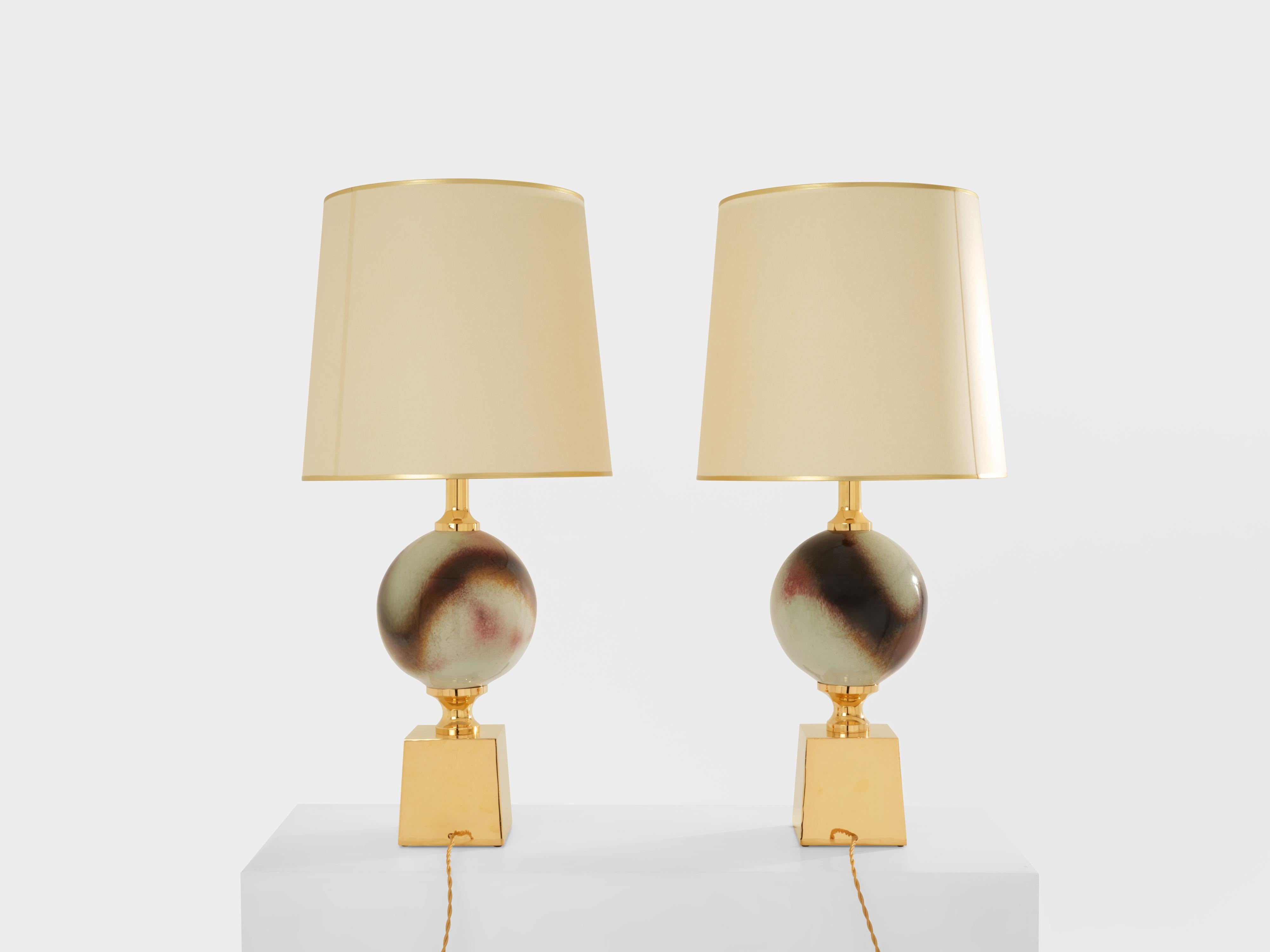 Philippe Barbier pair of large ceramic and brass table lamps 1970s For Sale 3
